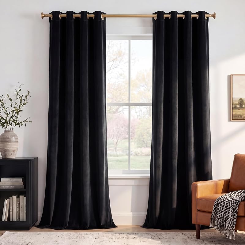 Cortinas opacas de terciopelo negro con arandela térmica, W52 x L84, 2 paneles | Aislamiento térmico, terciopelo suave de 300 G/M2, paneles de cortina resistentes al frío, reducción de ruido, sala de estar, dormitorio, cine en casa