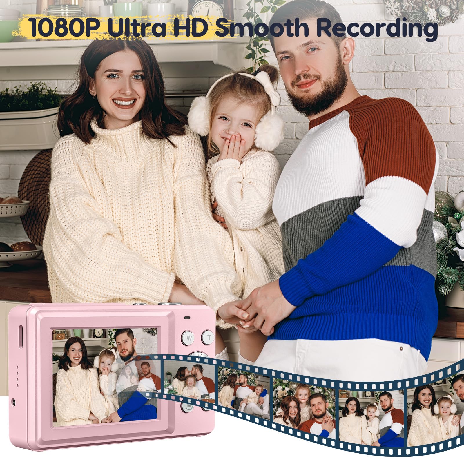 Appareil Photo numérique 44MP FHD 1080P, 16X Zoom et Batterie, Portable Simple pour Enfants, étudiants, Adolescents, débutants, Seniors (Rose)