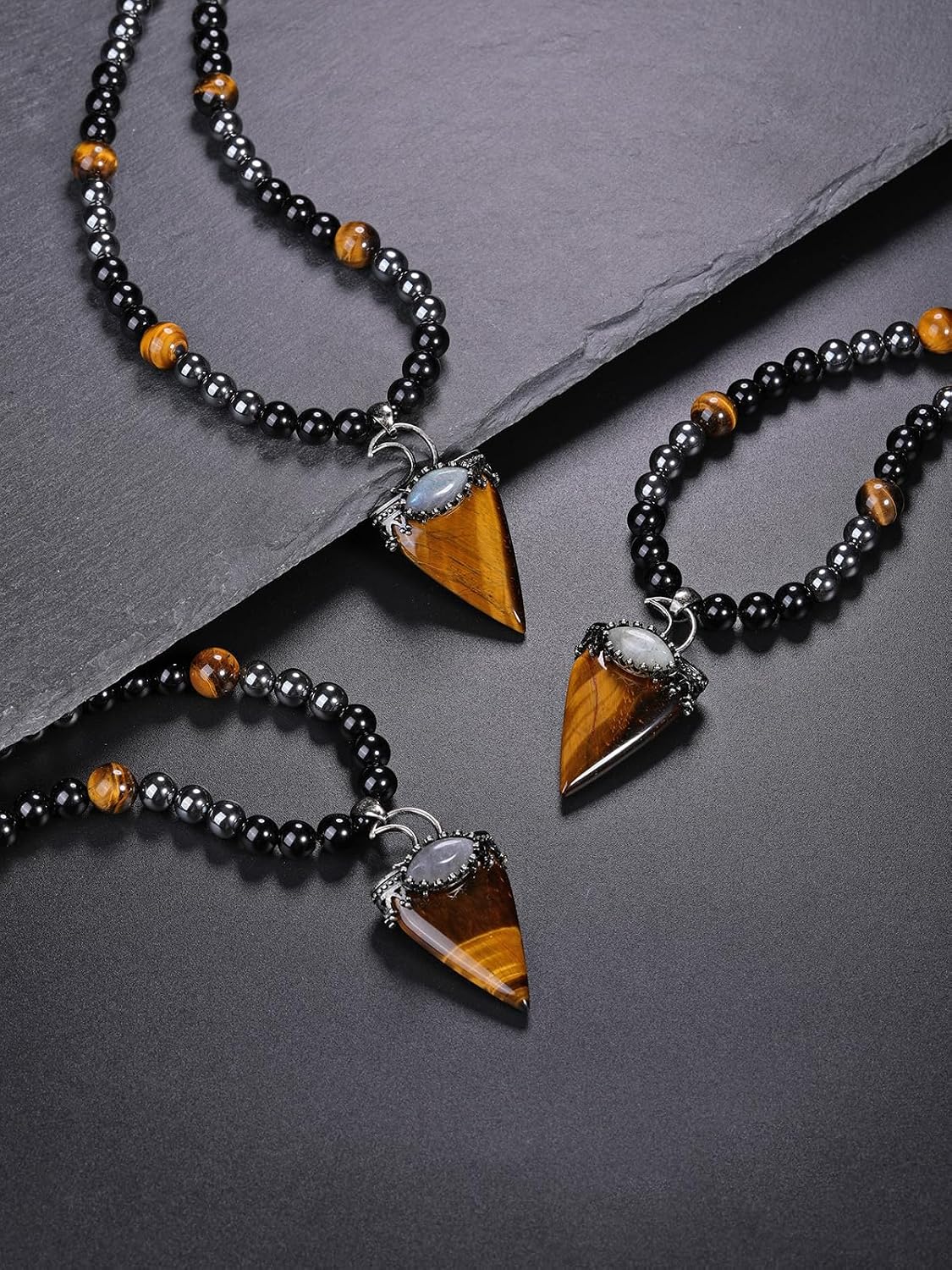Jovivi Mens Stone Beaded Necklace Natural Tiger Eye Obsidian Hematite Healing Crystal Necklace Triangle Pendulum Pendant Crystal w/Moon