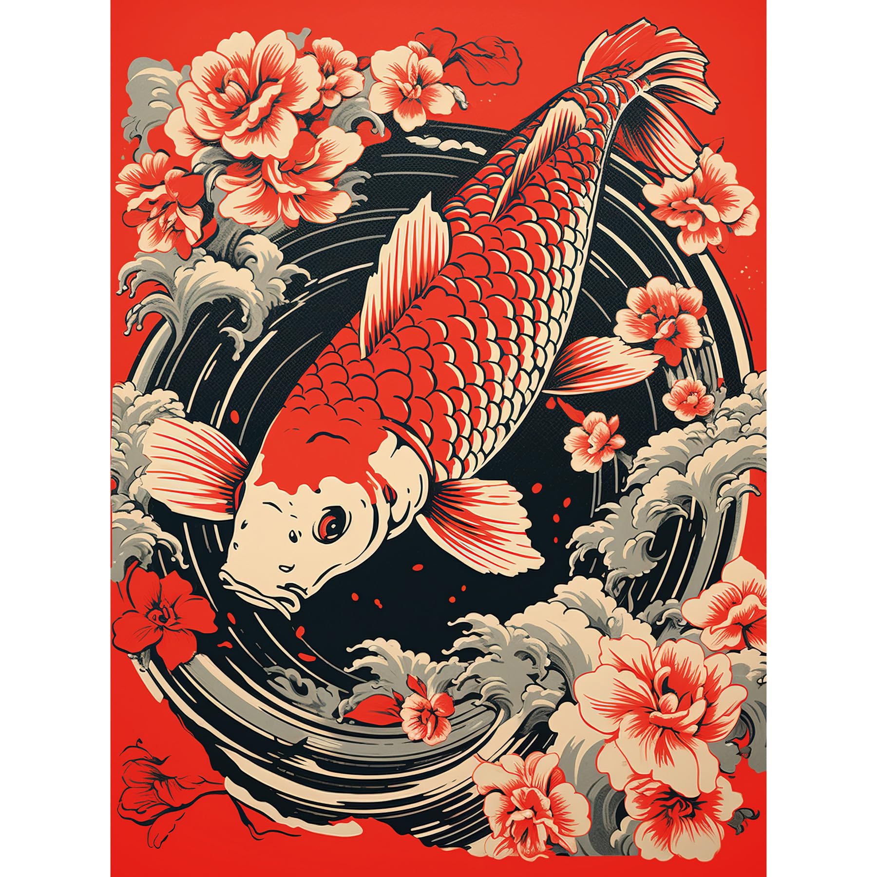 B&Q -  Unframed Wall Art Koi Fish Carp Japan Whirlpool Red Black Floral Artwork Coy12X16 Inch
