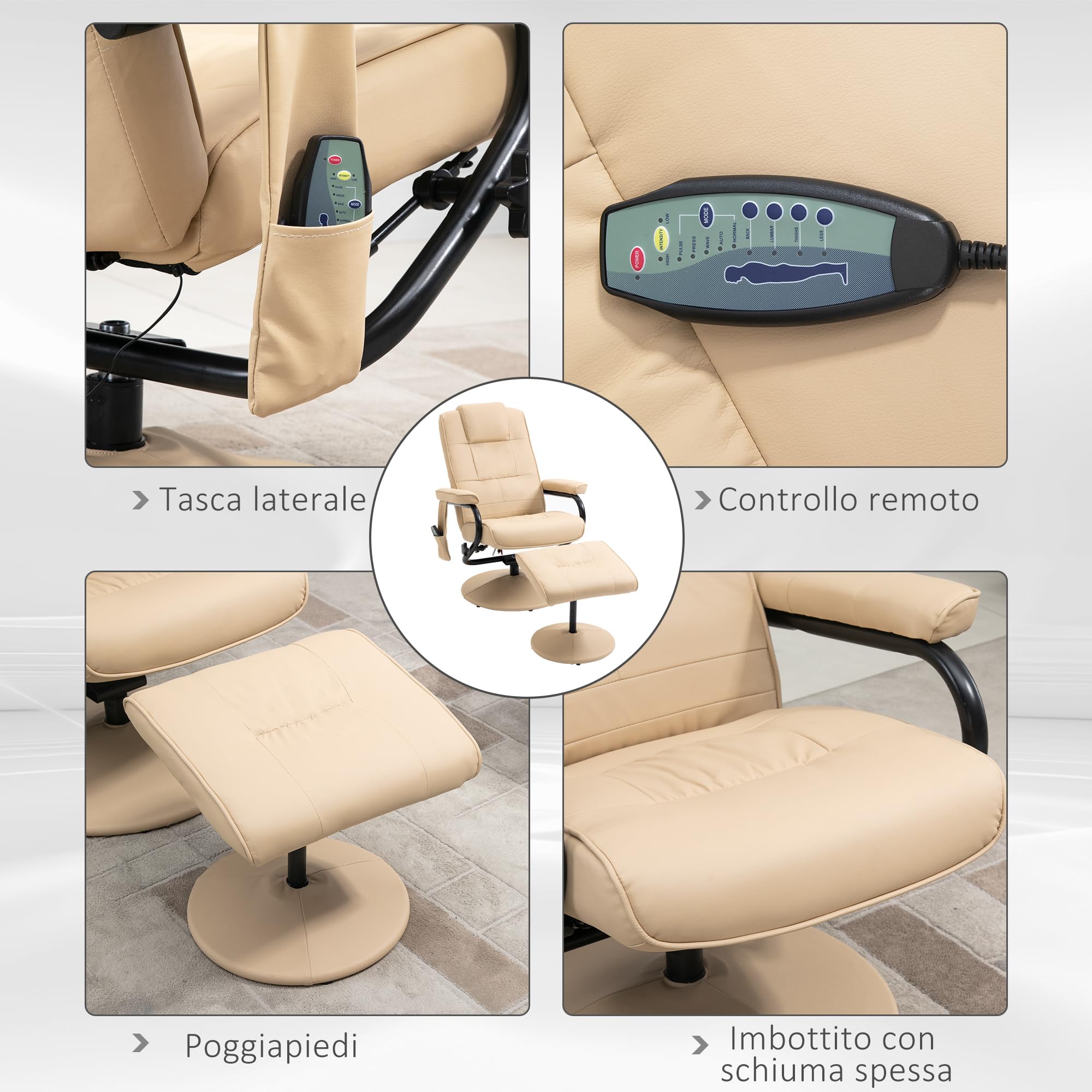 HOMCOM Poltrona Relax Massaggiante con Pouf Poggiapiedi, Poltrona Reclinabile a 145° con 10 Punti Massaggio e Telecomando in Finta Pelle, Crema