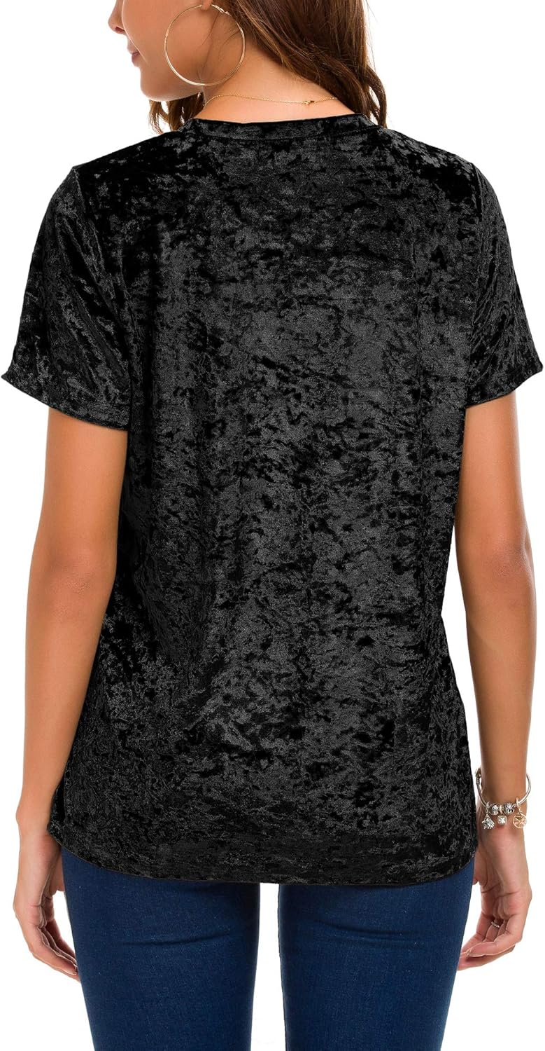 Women's Crew Neck Velvet Top Short Sleeve T-Shirt - Image 6