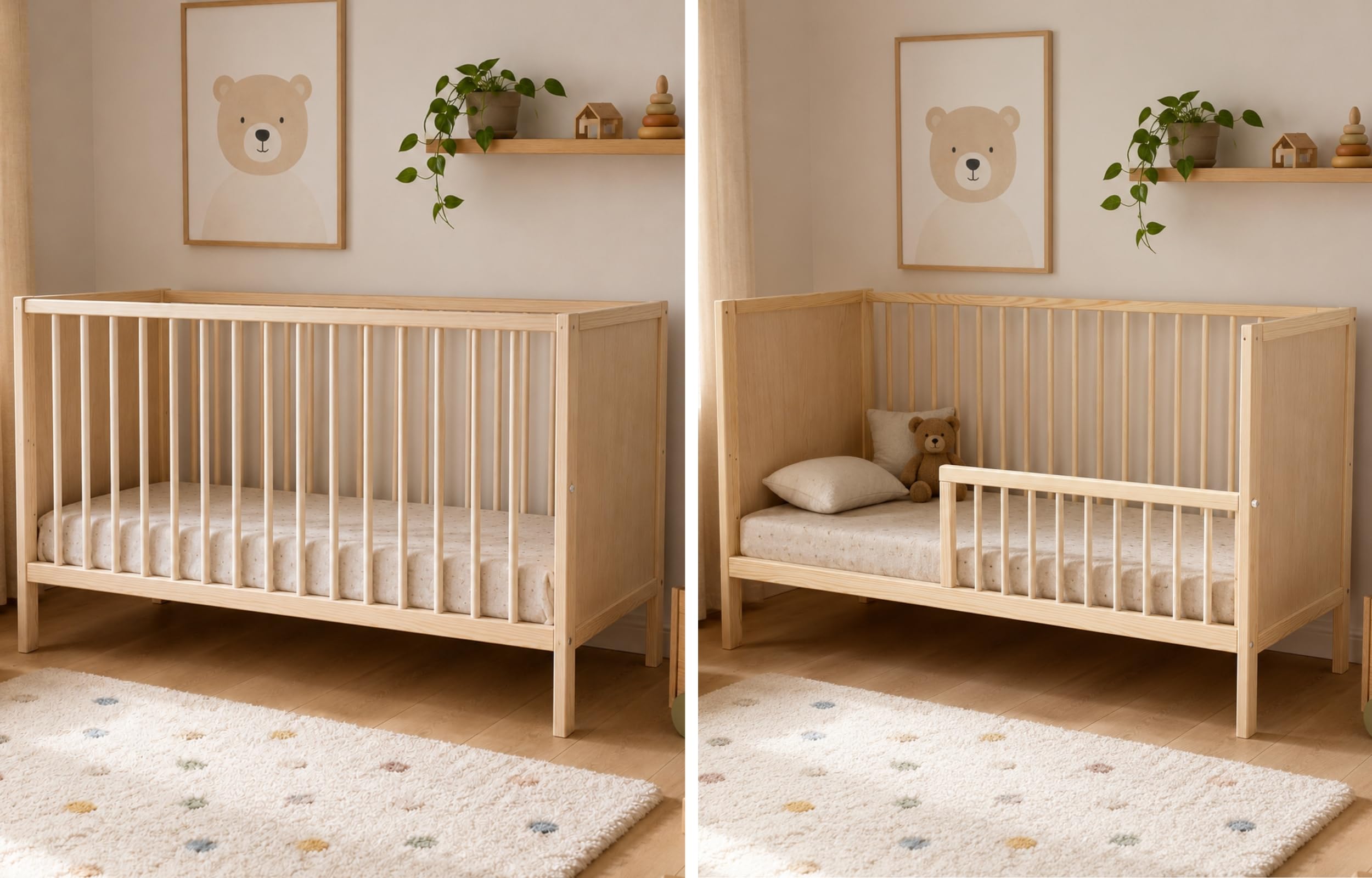 Kids Collective Babybett Kinderbett Beistellbett | Modulares Gitterbett Lattenrost 3-Fach höhenverstellbar & abnehmbare Sprossen | Baby Bett Holz Kinderzimmer | 120x60 cm | Natur