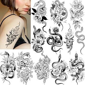 Tazimi Snake Temporary Tattoos 12 Sheets 3D Black Realistic Snake Rose Floral Tattoos Stickers Large Sexy Flower Serpent Fake Tattoo Stickers Body Art Decorations