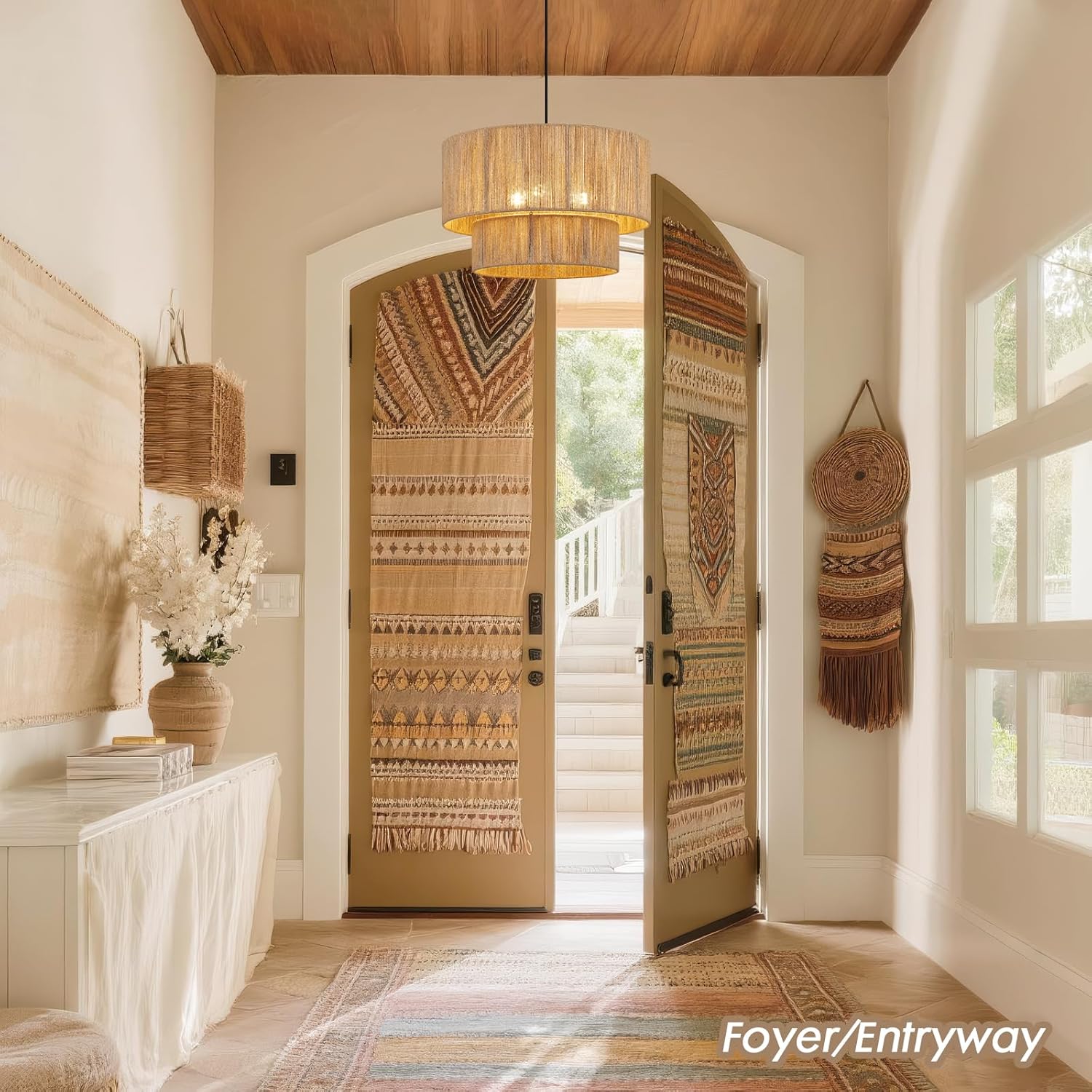 18 Inch Large Rattan Woven Pendant Light, Boho Farmhouse Hanging Chandelier Lamp Fixture, Natural Wicker Jute Lighting for Dining Room, Kitchen Island, Living Room, Table, Entryway, Foyer