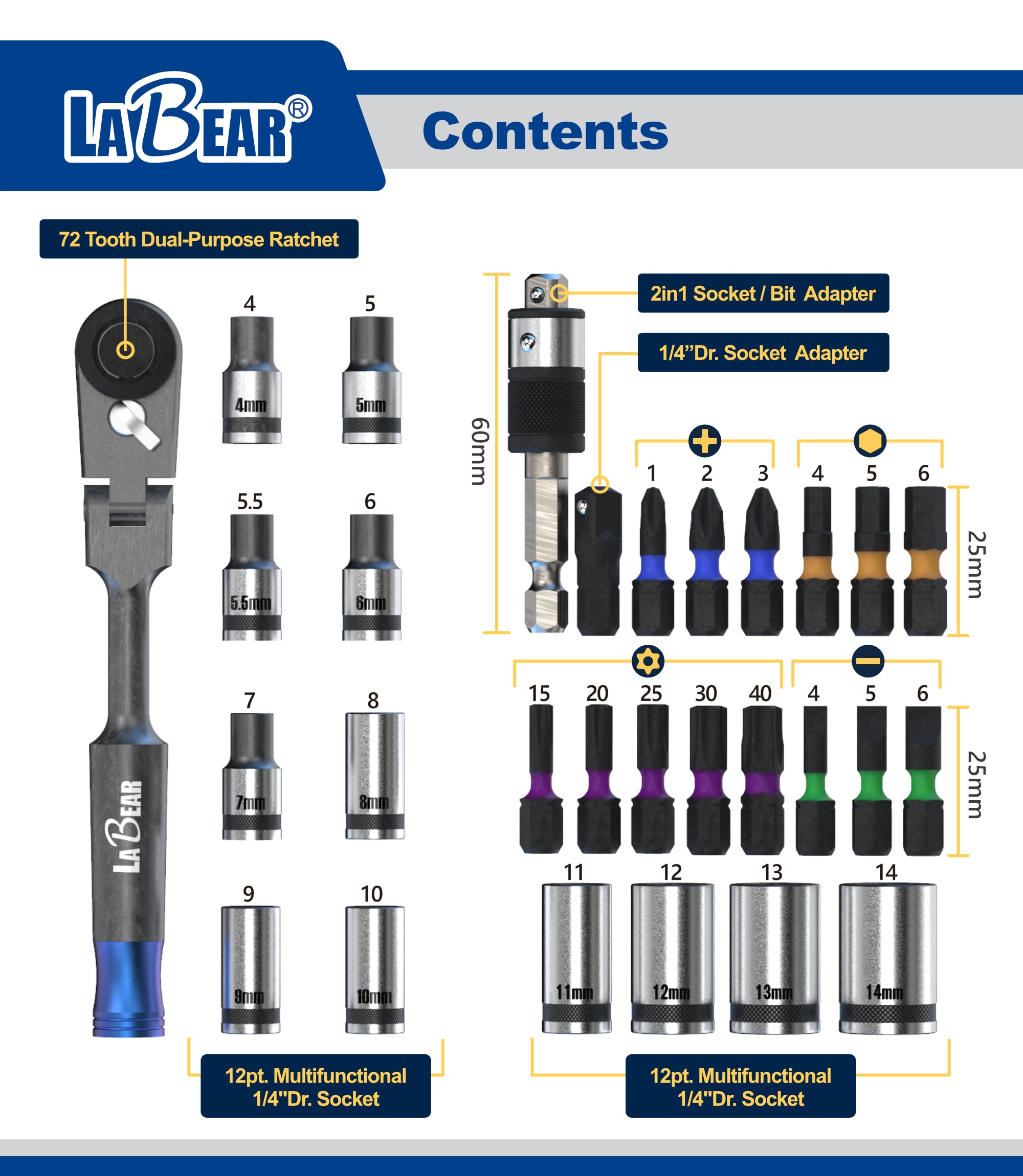 LaBear 29-częściowy zestaw 1/4" z grzechotką i 1/4" Dr. Socket Set / 2 w 1 bit i uchwyt gniazda 1/4-cala S2 Impact Bits, adapter gniazda do elektroniki domowej, pojazdów
