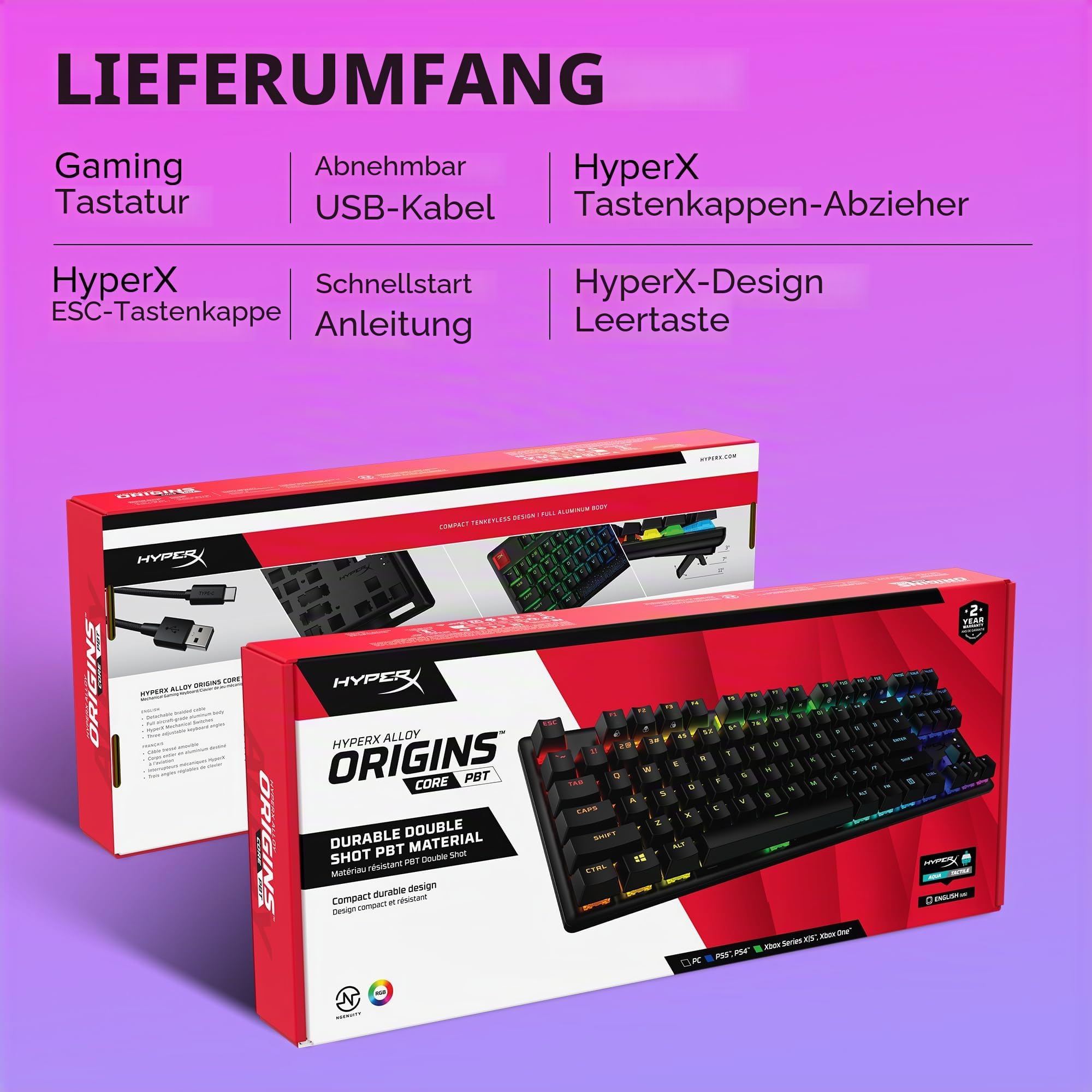 HyperX Alloy Origins Core PBT – TKL Mechanische Gaming-Tastatur, PBT-Tastenkappen, RGB-Beleuchtung, kompakt, Aluminiumgehäuse, anpassbar NGENUITY, Onboard-Speicher, taktiler