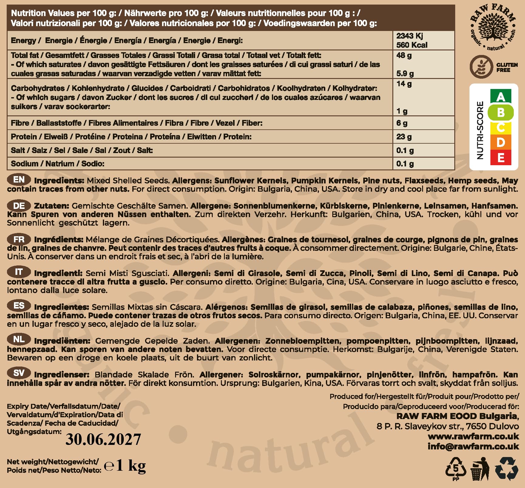 Raw Farm Mezcla de semillas crudas 5 variedades 1 kg calabaza girasol lino piñones cáñamo sin gluten sin soja