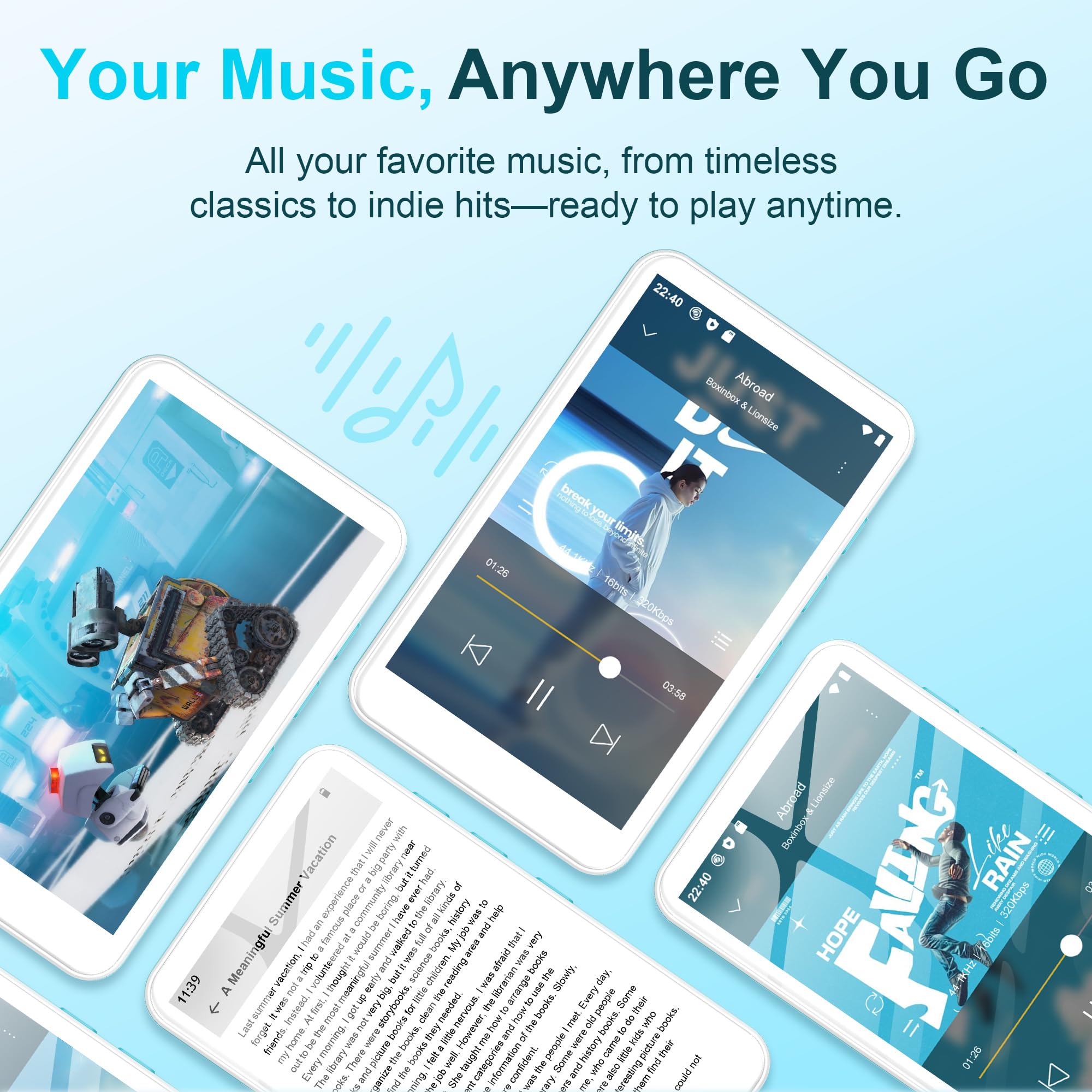 SWOFY D08 MP3 Player mit Bluetooth und WLAN, Android 13, 32GB, 4 Zoll Touchscreen, unterstützt Spotify, Audible, Play Store und UKW-Radio, Speicher erweiterbar bis 1TB