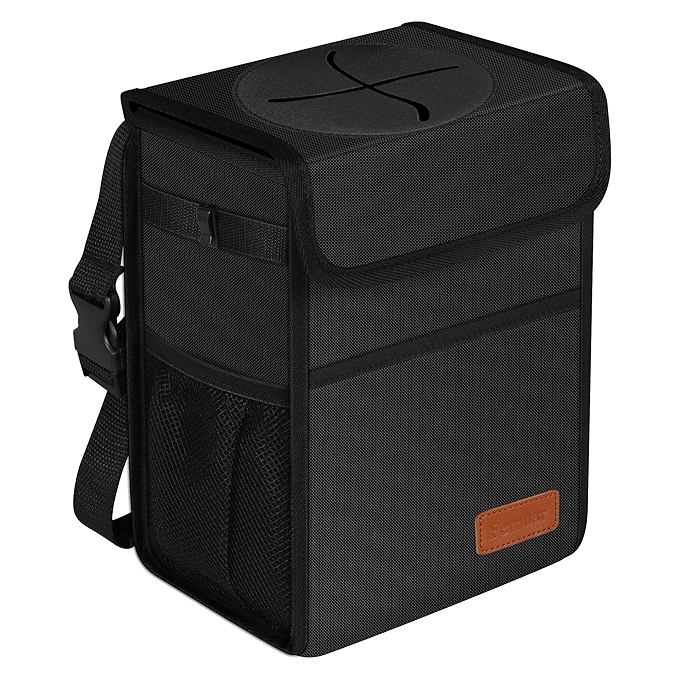 防漏车用垃圾桶，便携防水车载垃圾袋，黑色折叠设计带网 pocket