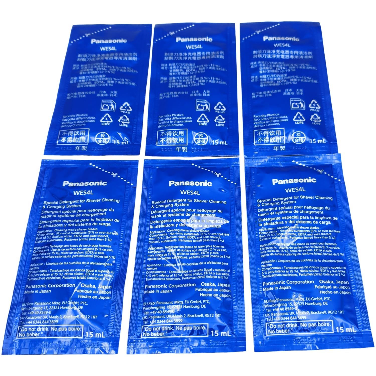 Lot de 2 flacons de liquide de nettoyage concentré compatible avec Panasonic Clean and Charge Station WES4L03-803 (6 x 15 ml) sacs de concentré ES-LS9A ES-LV9Q ES-LV9N ES-LV97 ES-LV95