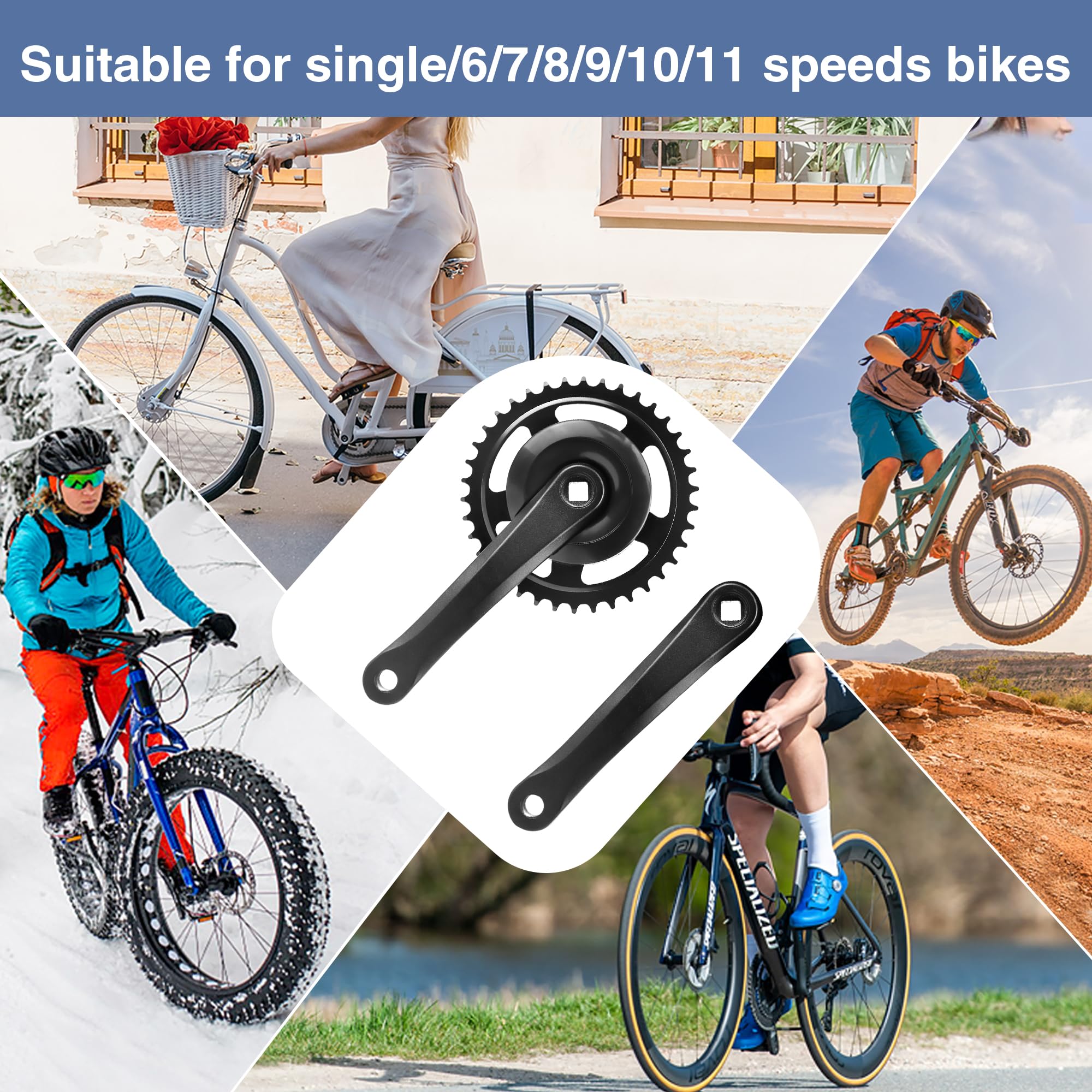 ZUKKA Tourney - Guarnitura per bicicletta da 170 mm, 38T/42T per single/1/6/7/8, in lega di alluminio, per mountain bike, mountain bike, cambio quadrato, colore: nero/argento