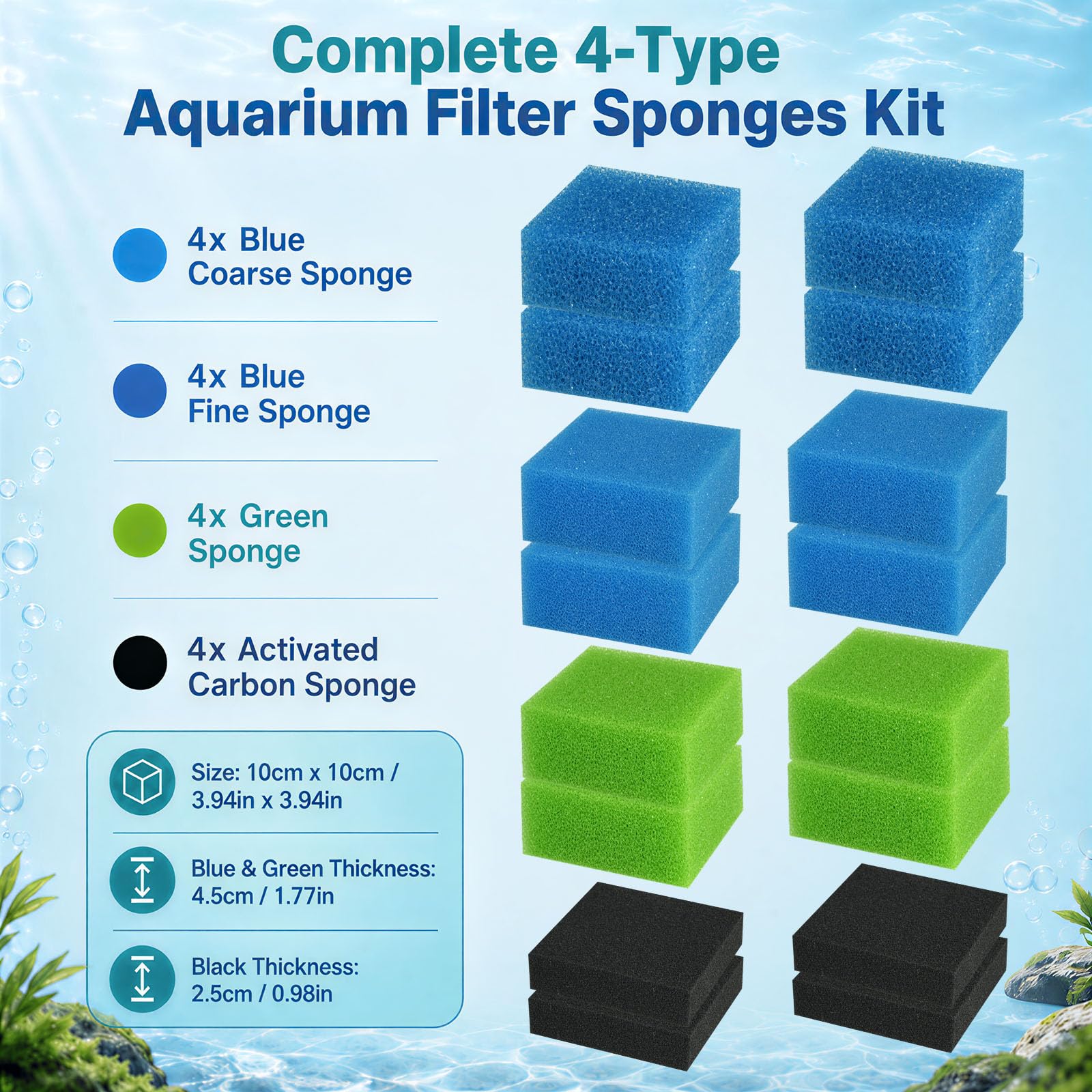 16stk Aquarium Filterschwamm Juwel Filtermedien M Kompatibel mit Juwel Compact/Bioflow 3.0 M, Set mit Blau Grob/Fein, Grün Nitrat, Aktivkohle, Nitratreduktion, Süß- & Salzwasser geeignet