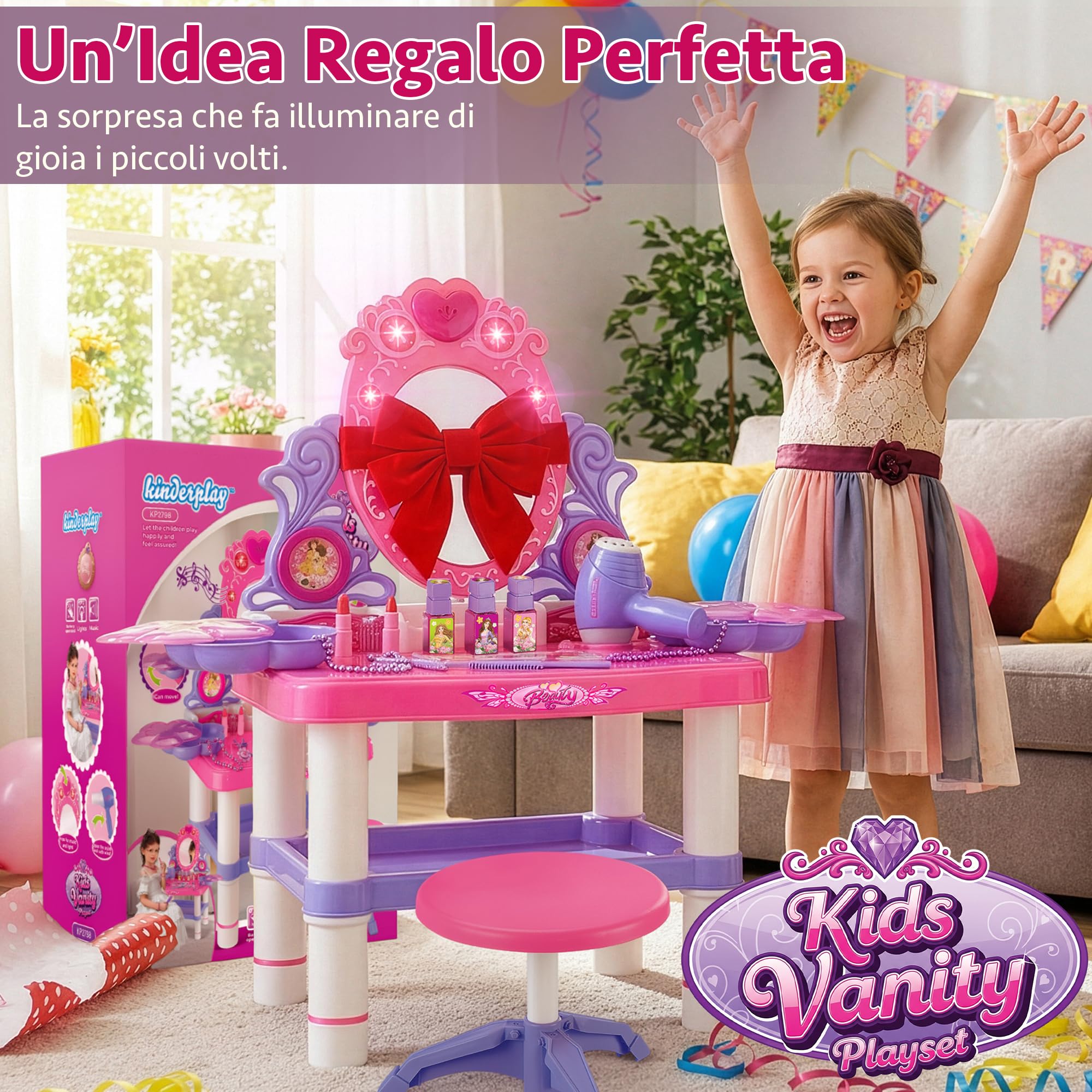 Kinderplay Tavolo da toeletta rosa per bambini con bacchetta magica e accessori | Tavolo da toeletta per bambini con specchio, cassetto, sgabello e set da trucco – giocattolo di ruolo,