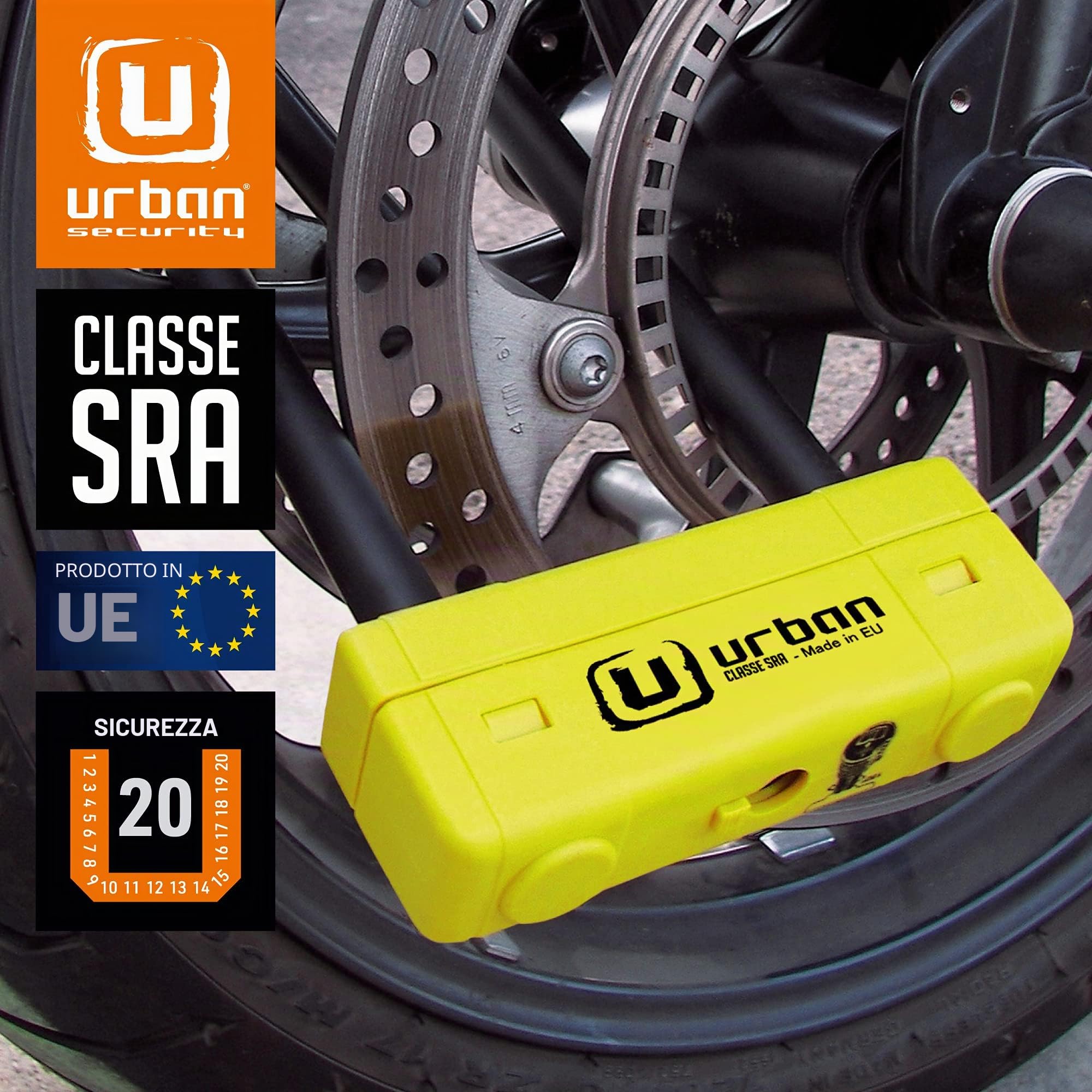 URBAN UR85250Y Lucchetto a U per Alta Sicurezza Omologato SRA, Arco ø18 in Acciaio Cementato, Doppio Blocco Antigraffio, Guscio Visibile e Accattivante, U Lock Antifurto 85x250mm per Moto e Scooter
