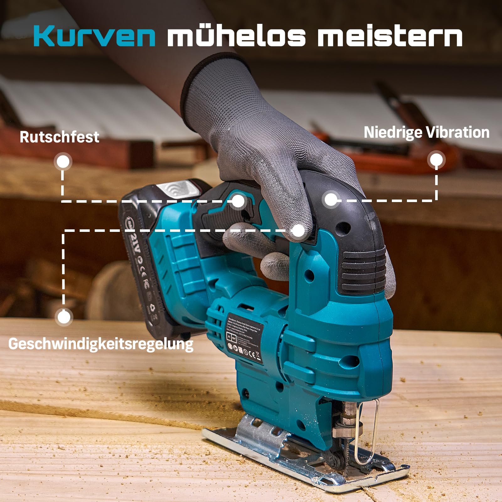 Seesii Stichsäge 21V, Akku Stichsäge mit Akkus und Ladegerät Set, 6-Stufen, Mit LED, 0°-45° Gehrung, 4 Pendelhub-Einstellungen, 20mm Hubhöhe, 2800 SPM, 9 Sägeblättern, mit Tragetasche