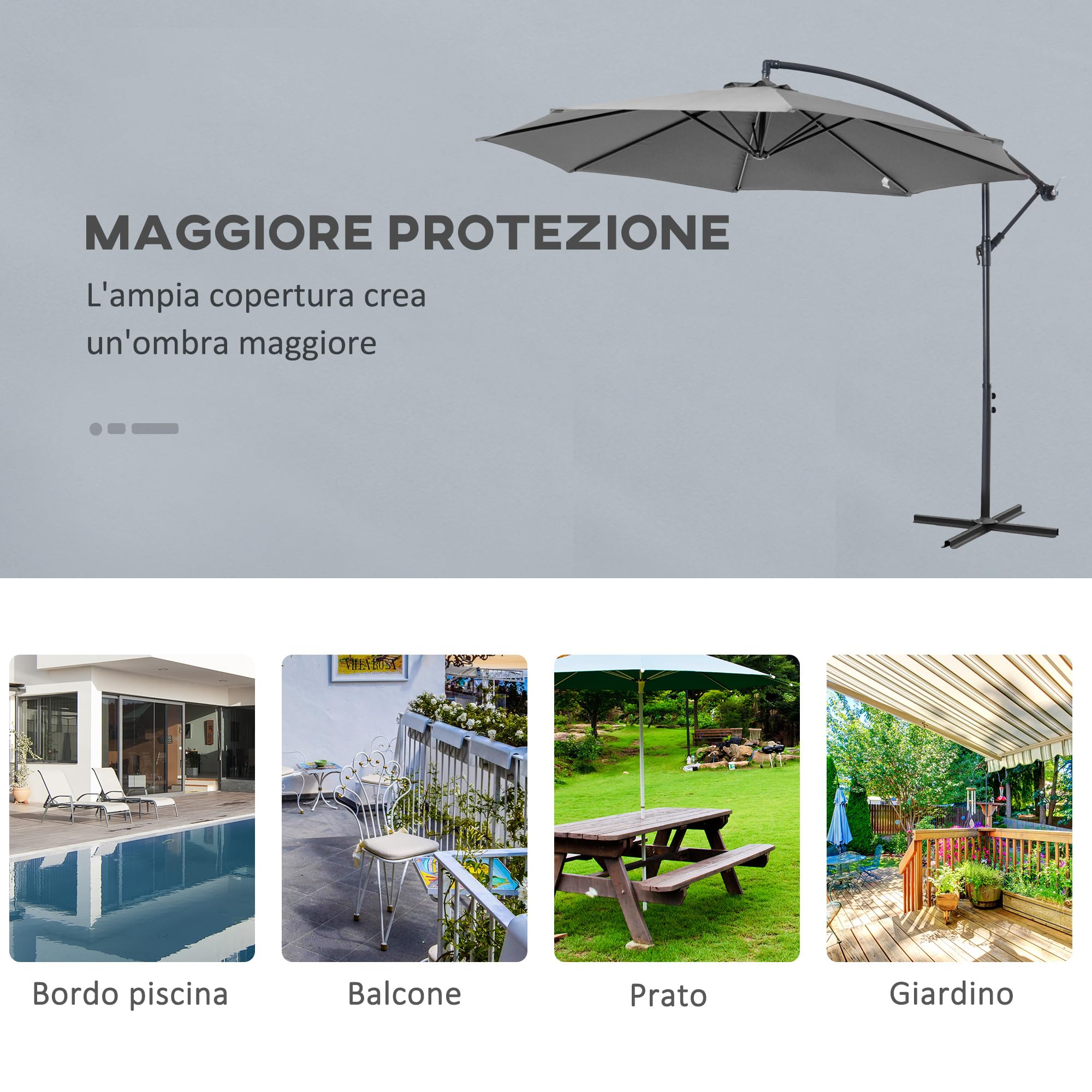 Outsunny Ombrellone da Giardino Ø3x2.5m con Base a Croce Inclinabile | Prese d'Aria, Ombrellone Decentrato Girevole, Manovella, Acciaio e Poliestere, Protezione UV, per Terrazza e Balcone