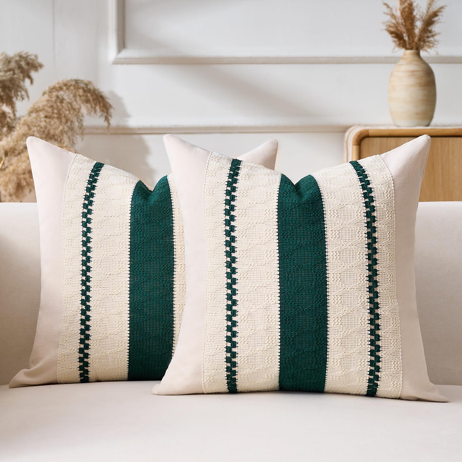 Aisybaklyn Fundas de Cojines 50x50 cm Boho Algodón Lino Textura Tejida Funda Cojin Verde Juego 2 Moderno Raya Cojín Sofa para Dormitorio Sala de Estar Sofás Cojines Cama Decorativos Sillas