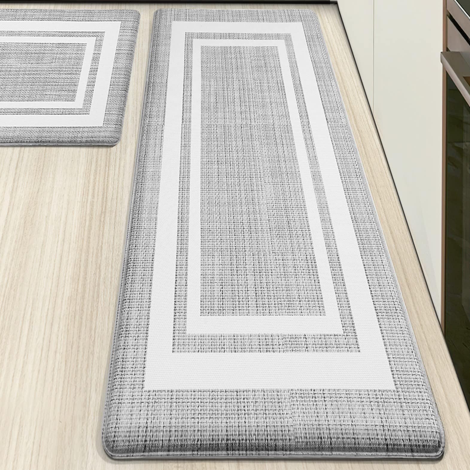 WEZVIX Anti Fatigue Kitchen Floor Mat 2 PCS, 1/2 Inch Thick Comfort Cushioned Standing Mat Set, Non Skid Kitchen Rugs and Mats Waterproof PVC Memory Kitchen Mats for Floor Sink Office Laundry, White