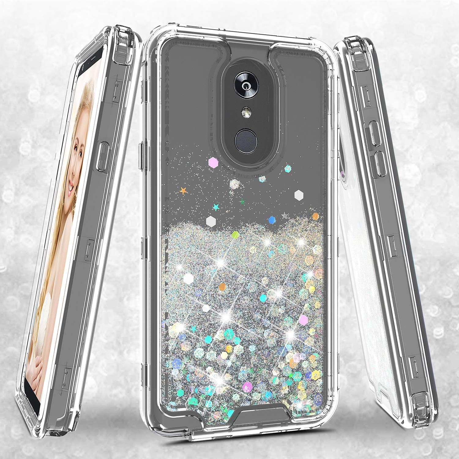 Galaxy Wireless Case for LG Stylo 4 / Stylo 4 Plus Case Hard Clear Glitter Sparkle Flowing Liquid Heavy Duty Shockproof Three Layer Protective Bling Cases for LG Stylo4 / Stylo4 Plus - Clear