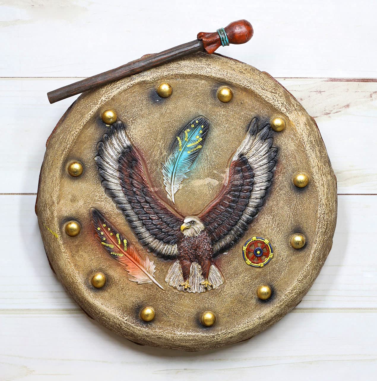 Ebros Native American Indian Soaring Eagle and Feathers Warpath Drum Shield and Stick Wall Sculpture Figurine 10.75" High Dreamcatcher Themed Plaque Decor Dream Catcher Decoration