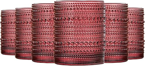 Khen Vaso de hobnail rojo rubí  Juego de 6  Cristalería vintage con diseño de burbujas de 11 onzas, vasos de agua con burbujas, vino, cóctel