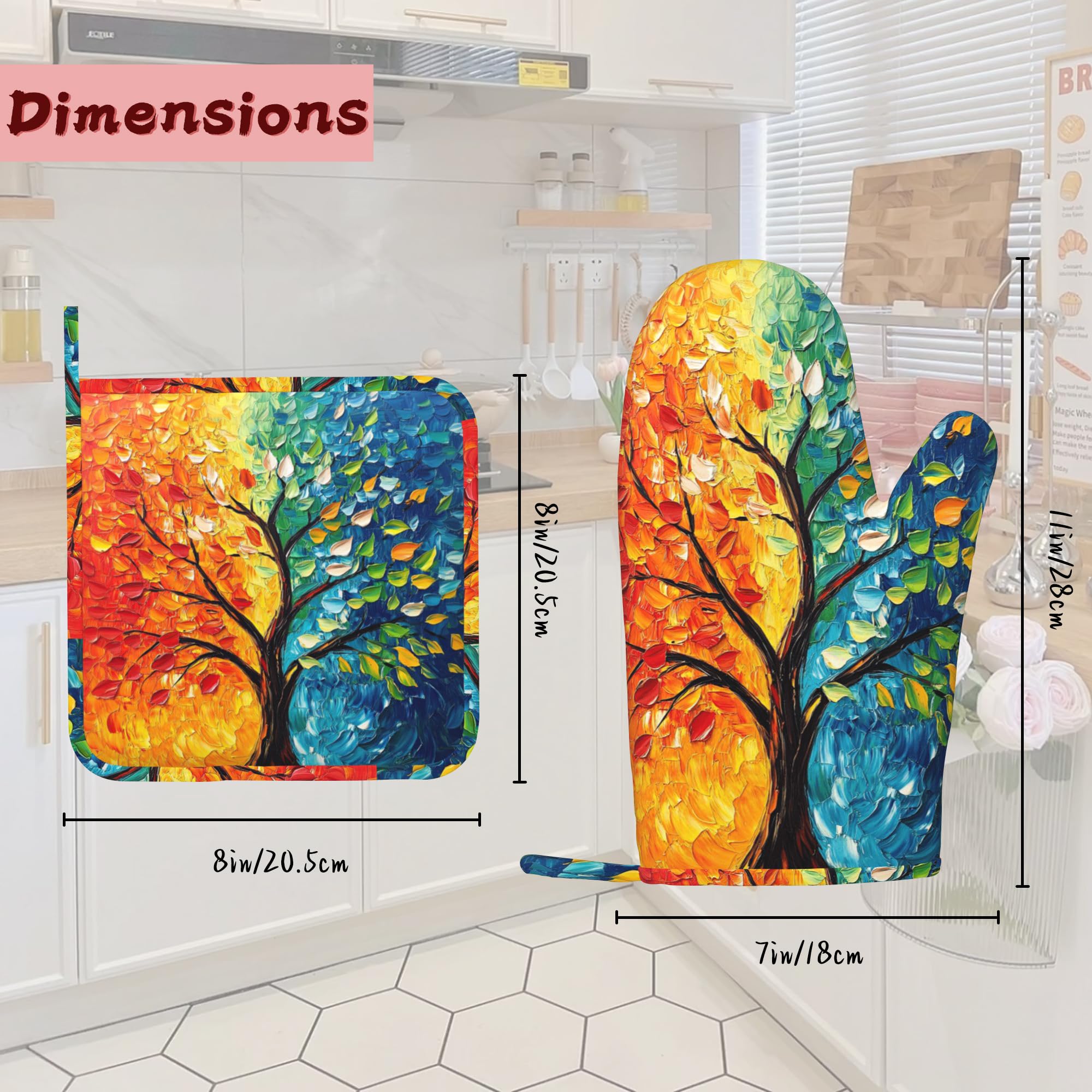 Tree of Life - Juego de guantes de horno de silicona y soportes para ollas, 4 piezas resistentes al calor, guantes de horno antideslizantes y almohadillas calientes para cocinar, hornear, asar a la
