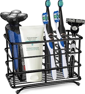 HYRIXDIRECT Toothbrush Holder Black Plating Stainless Steel Rustproof Bathroom Electric Toothbrush Holder Toothpaste Storage Organizer Multi-Functional 6 Slots Stand for Vanity,Countertops (Black-02)