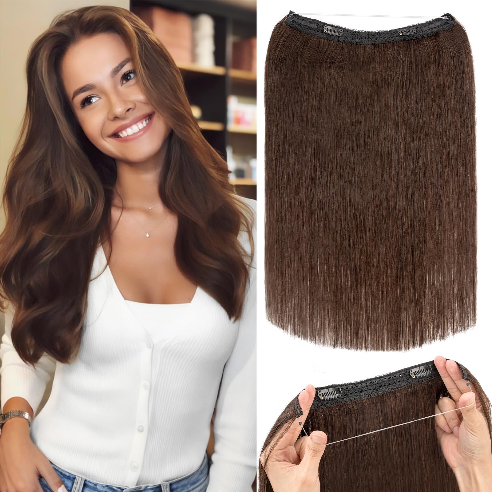 Photo 1 of Rich Choices Halo Hair Extensions Real Human Hair Remy Hairs Halo Extension Invisible Wire Hairs Extension for Women Invisible Wire One Piece Clip in Hairpiece 16 Inch Straight-#2R Dark Brown
