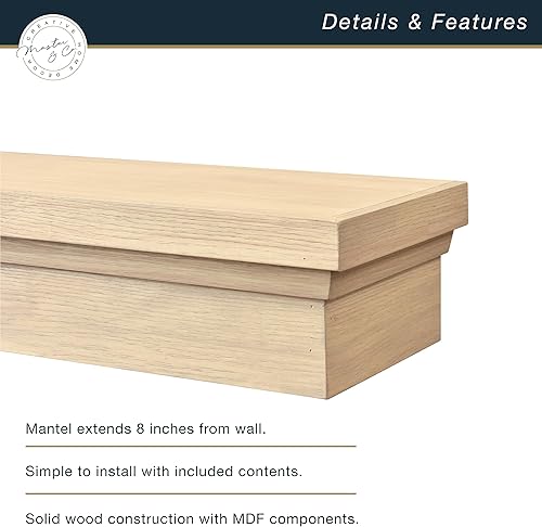 Miniatura 4 de MCS Master & Co - Mantel flotante de madera maciza con acabado de grano de madera natural, estante flotante largo para sala de estar con sistema de