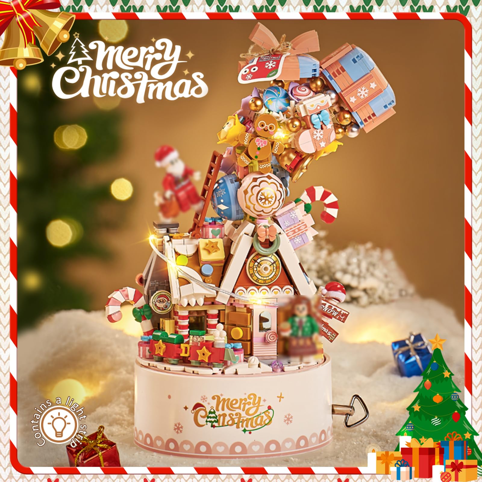 LOTOLO Falls Building Blocks Rotating Music Box Set,Candy Flower Bonsai Botanical Collection with Light,Home Decor (Christmas) - Image 2