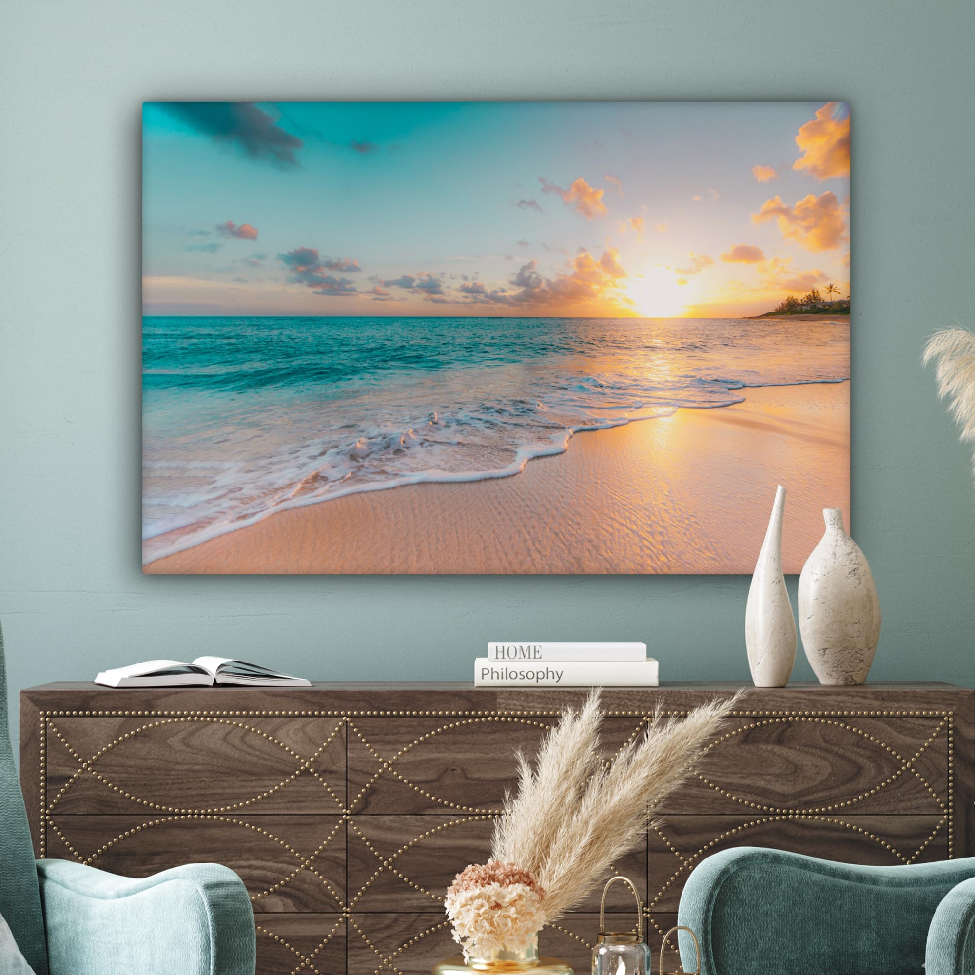 MuchoWow© Impressions sur Toile 120x80 cm Deco Tableau Murale Decoration Salon Peinture Tableaux Chambre Toiles Maison Coucher de soleil - Plage - Mer - Été - Bleu