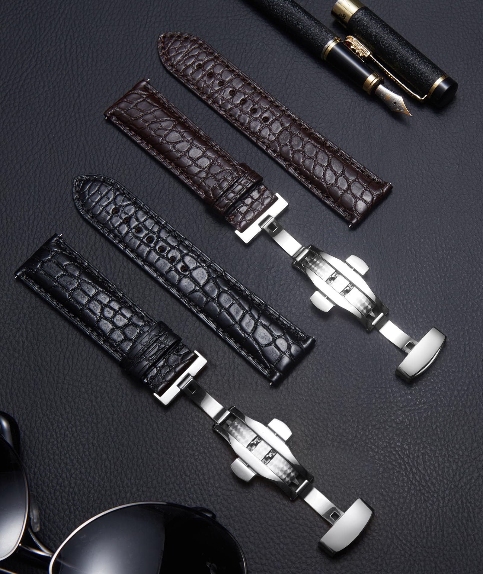 BINLUN Bracelet Montre en Cuir Gaufrage Crocodile Véritable Bracelet en Motif Alligator Pelle pour Homme Femme 18mm 19mm 20mm 21mm 22mm Boucle Deployante à Libération Rapide