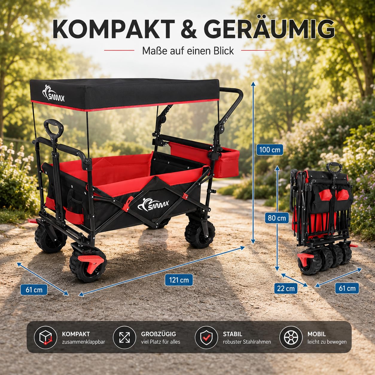 SAMAX Bollerwagen mit Dach Faltbar - Handwagen Transportwagen Gerätewagen Faltwagen - klappbar mit Bremse und Hecktasche - für alle Offroad Gelände geeignet - Schwarz/Rot