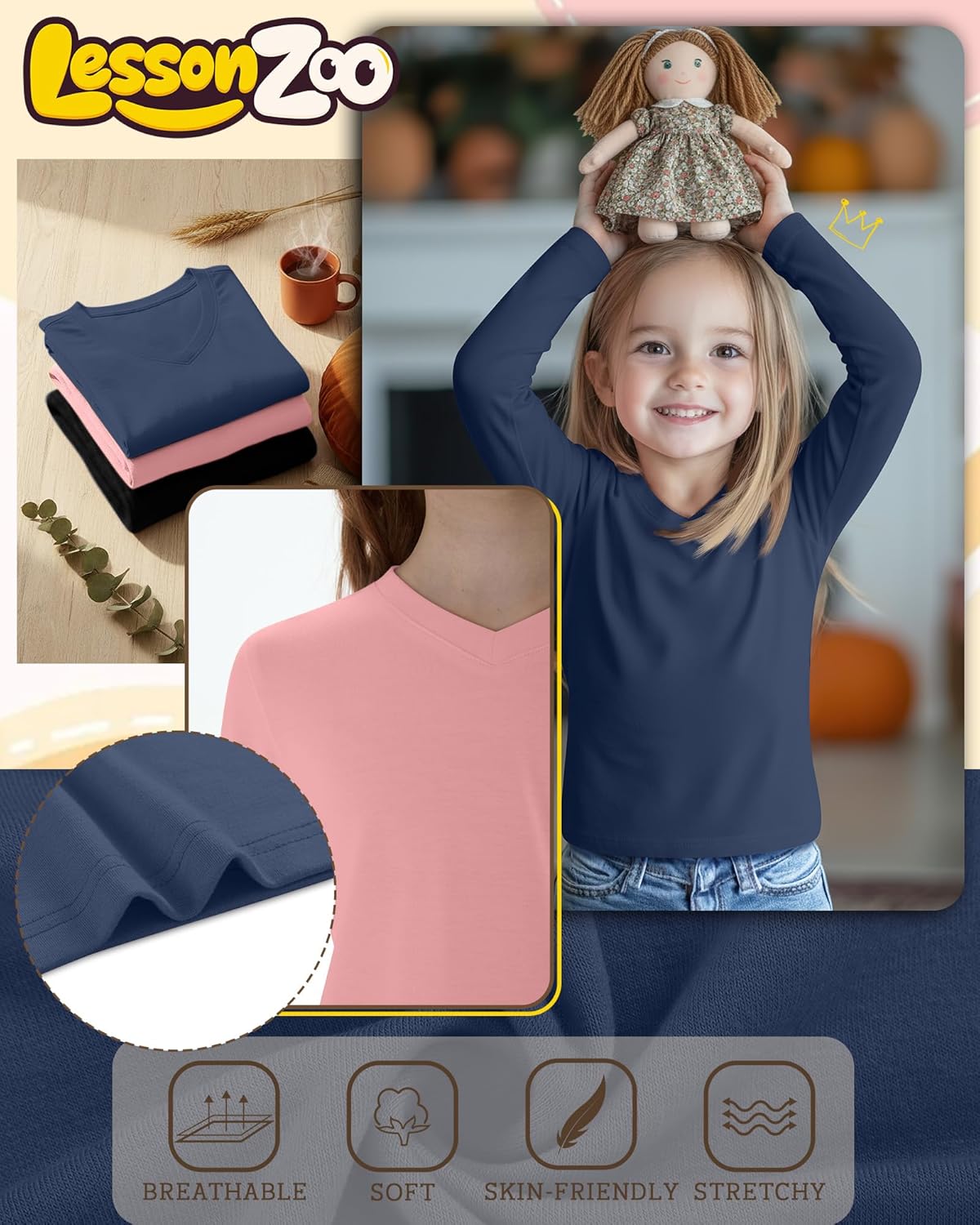 3 Pack Girl's Long Sleeve Shirts, Soft V Neck Kids Tops Fall Loose Fit Basic Tee Casual T Shirts for 3-16 Years - Image 4
