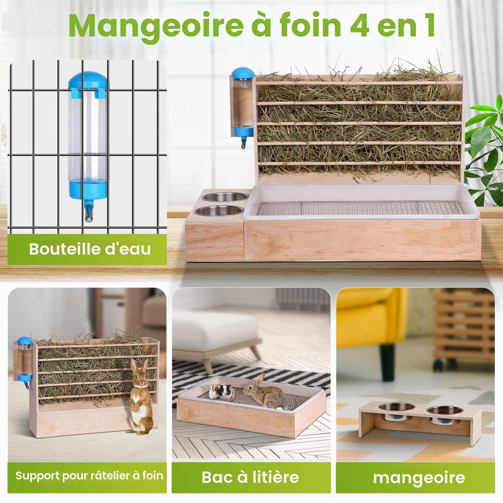 Grand râtelier à foin 4 en 1 - En bois - Distributeur de nourriture pour lapins - Avec bac à litière pour chat - Bouteille d'eau - Distributeur de nourriture pour hamster - Distributeur