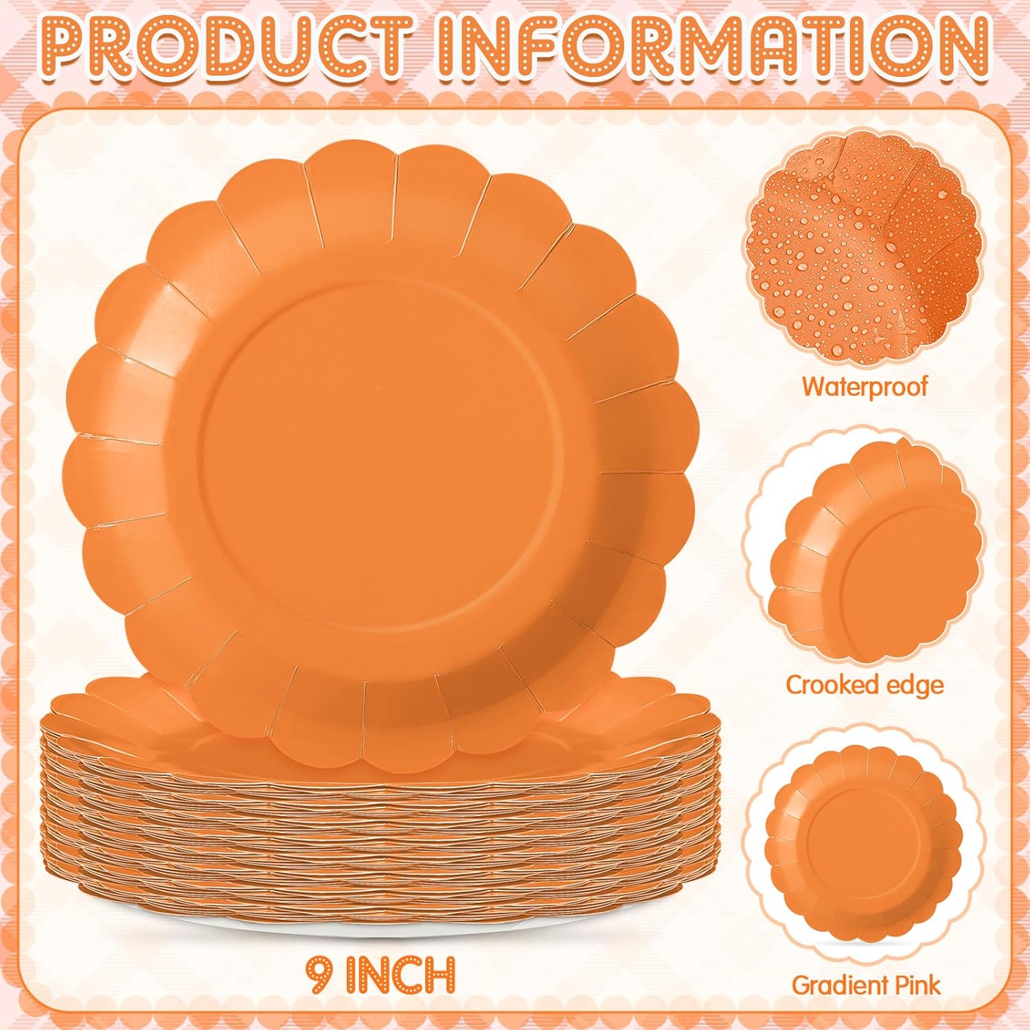 120 Pcs Pink and Orange Paper Plates 9 Inch Scalloped Disposable Round Dessert Paper Plates Party Decoration for Margs and Matrimony Bachelorette Party Women Birthday Baby Shower Wedding