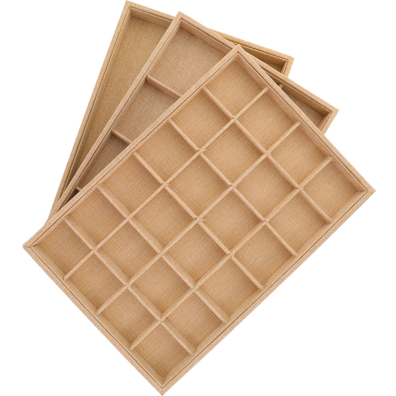 Angoily Organizador de Joyas de Sobremesa 3 Piezas de Lino Bandejas Apilables 12 y 24 Compartimentos para Anillos Pendientes y Collares Caja Decorativa para Accesorios Bijouterie en