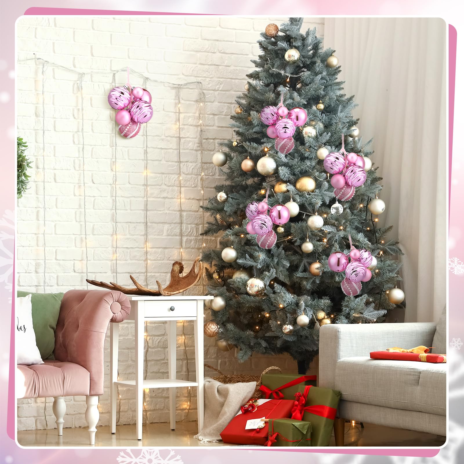 Soulchen Lot de 6 grappes de boules de Noël roses à paillettes à suspendre à la main pour décoration d'intérieur de Noël - 3 à 6,1 cm
