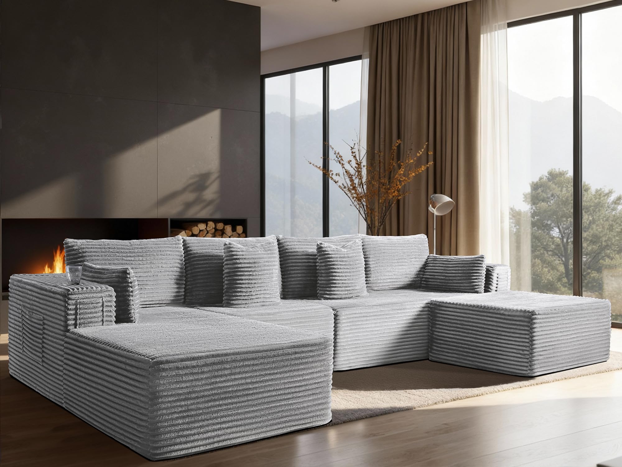 138" Oversized Cloud Sectional Couch, Comfort U Shaped Boneless Couch for Living Room, Extra Deep Seats No Assembly, Modular Sofa, Corduroy (Light Grey, 3 Seater+Left Facing Chaise+Ottoman)