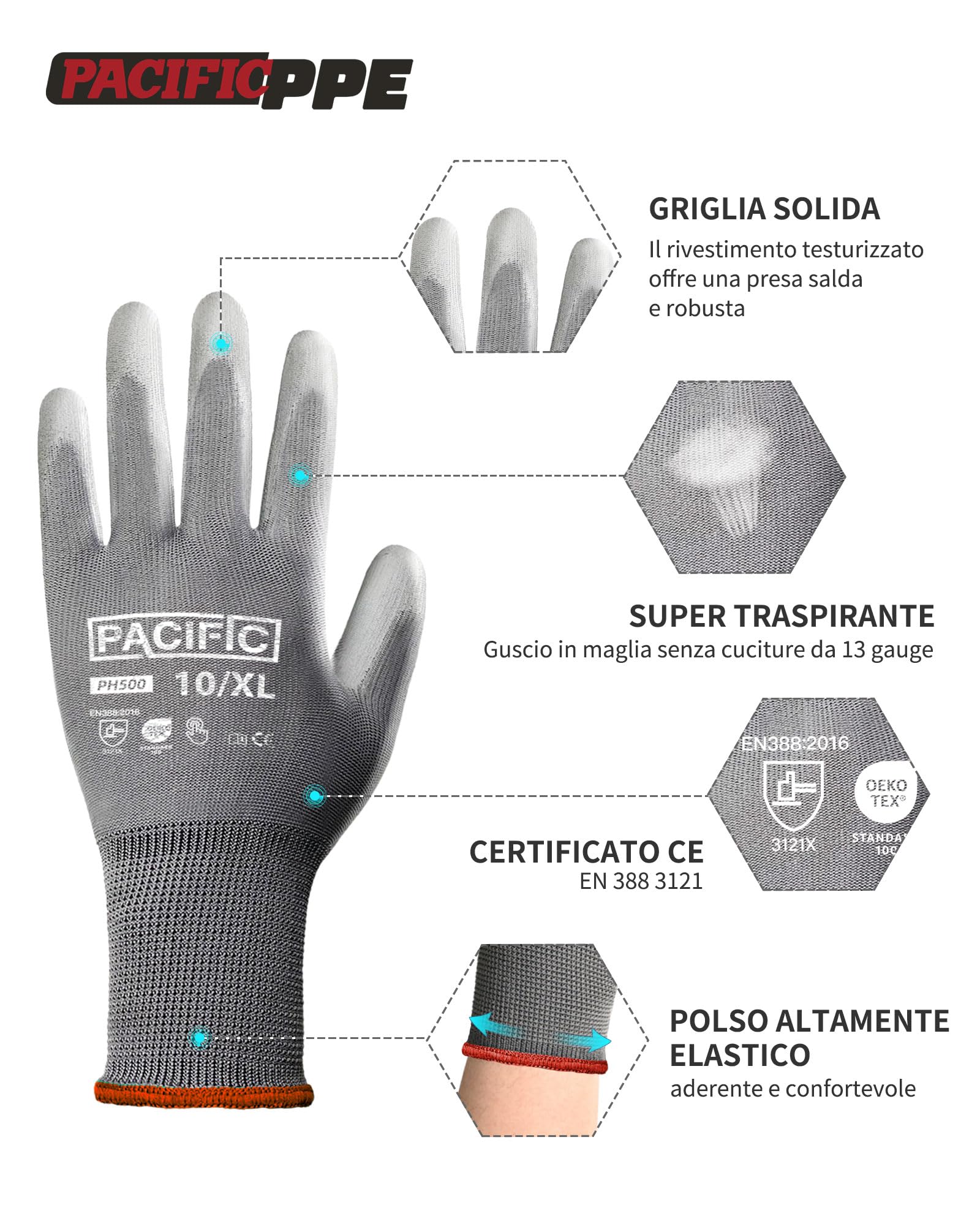 PACIFIC 18 paia di guanti di sicurezza rivestiti in PU, guanti da lavoro multiuso da uomo, Versatili, Protezione Meccanica e Industriale, senza cuciture, Power-Grip, grigio, XL/10