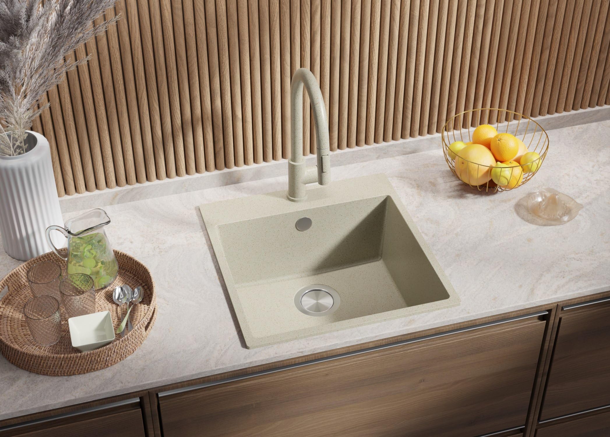 PRIMAGRAN Fregadero Cocina Beige - Riga, 48x50cm | Granito 1 Seno + Sifón, sobre Encimera al Mueble 50cm (S220)