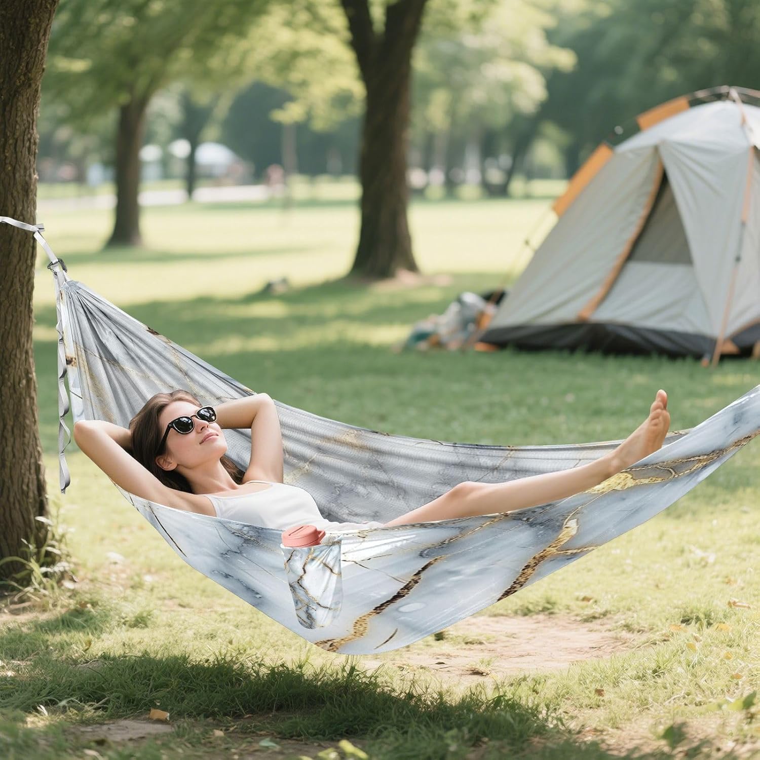 ALAZA Gold Marble Camping Hammocks Single or 2 Person 500 lbs Portable Parachute Travel Hammock w/Tree Straps for Hiking Backpacking Indoor Outdoor