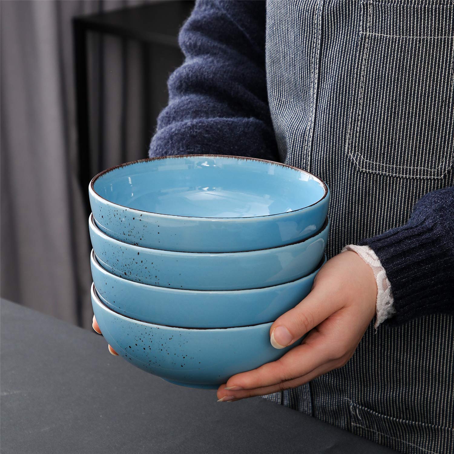 Blaue Keramikschüssel-Set, 17 cm, ideal für Suppe, Nudeln, Dessert, Obst, Nudeln, große Servierschüssel, 800 ml