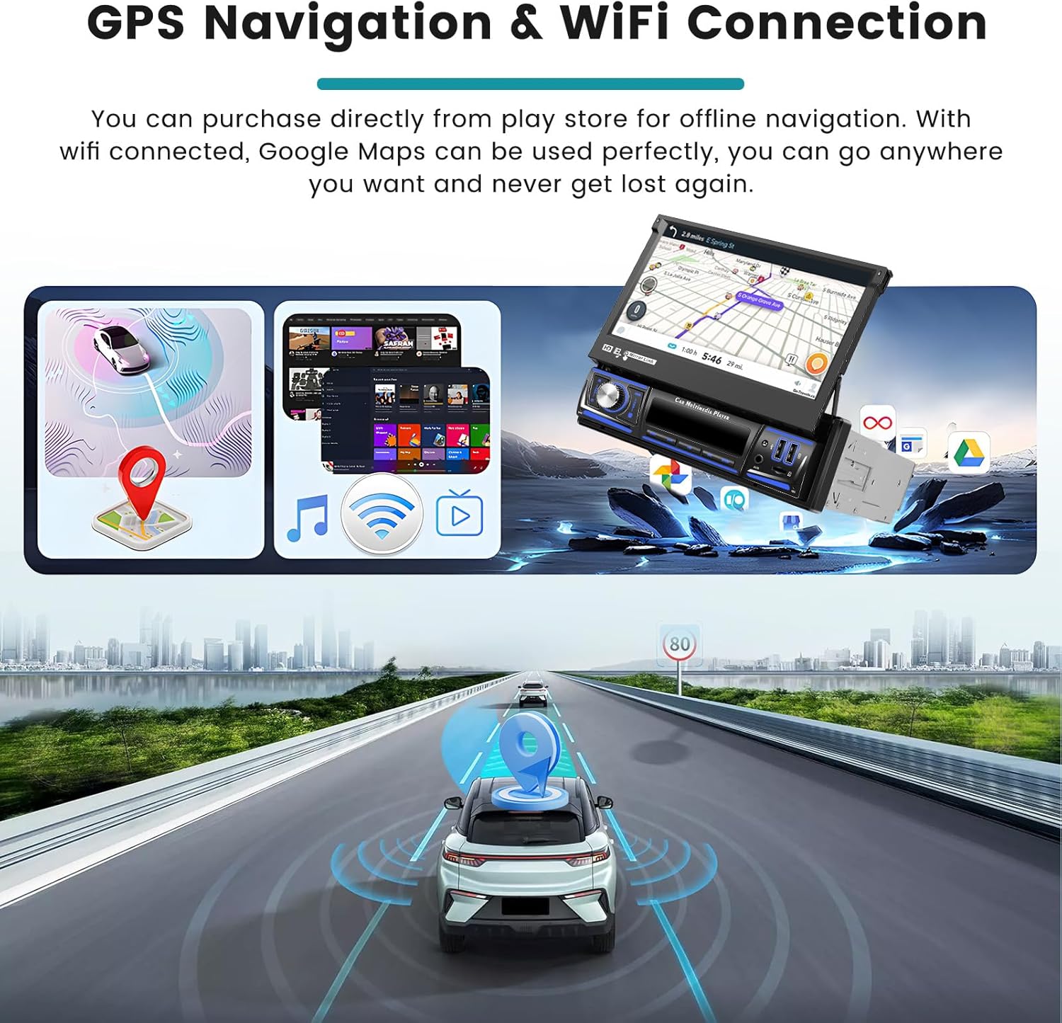Screenshot of the car stereo displaying GPS navigation and WiFi connection options.