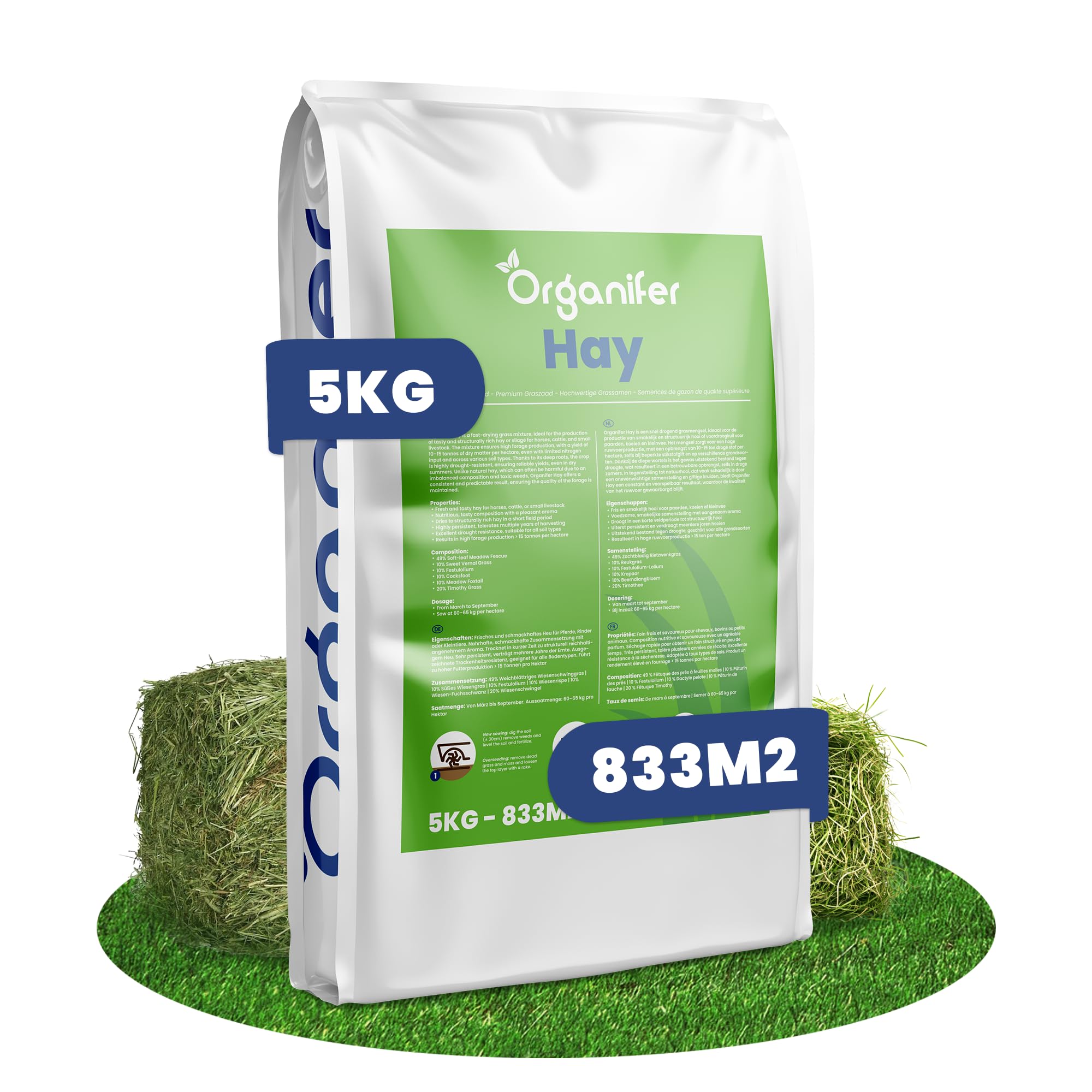 Semillas De Pasto Para Heno - 5kg = 833m² | Mezcla Premium De Heno Y Ensilaje - Nutrientes Para Un Crecimiento Rápido Y Sostenido - Organifer