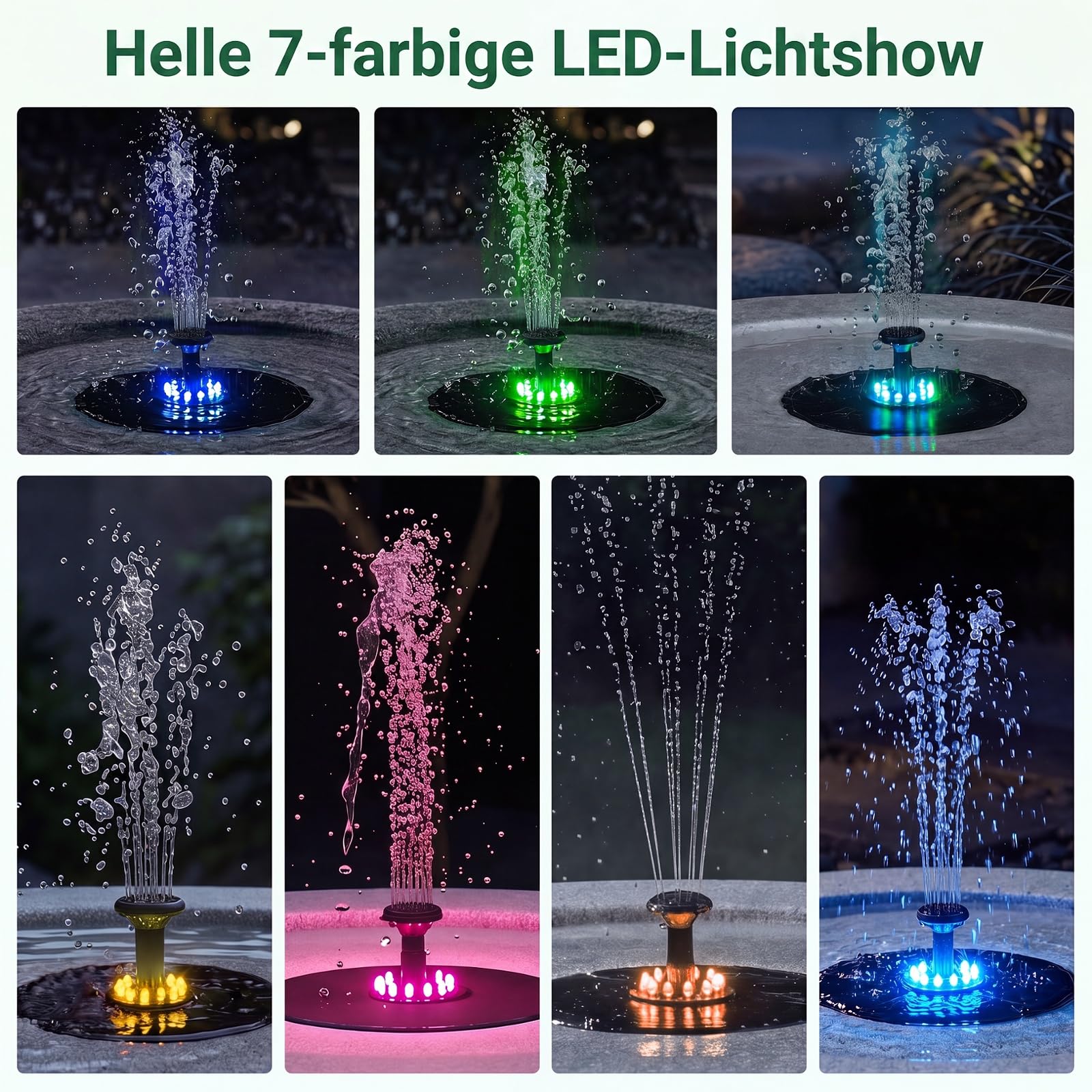 COSTWAY Solarbrunnen für draussen, Solar Springbrunnen mit LED Beleuchtung in 7 Lichtfarben & 4 Düsen, Gartenbrunnen Marmoroptik, Brunnen Solar Outdoor, für Garten Balkon Terrasse, 50,5 x 50,5 x 25 cm