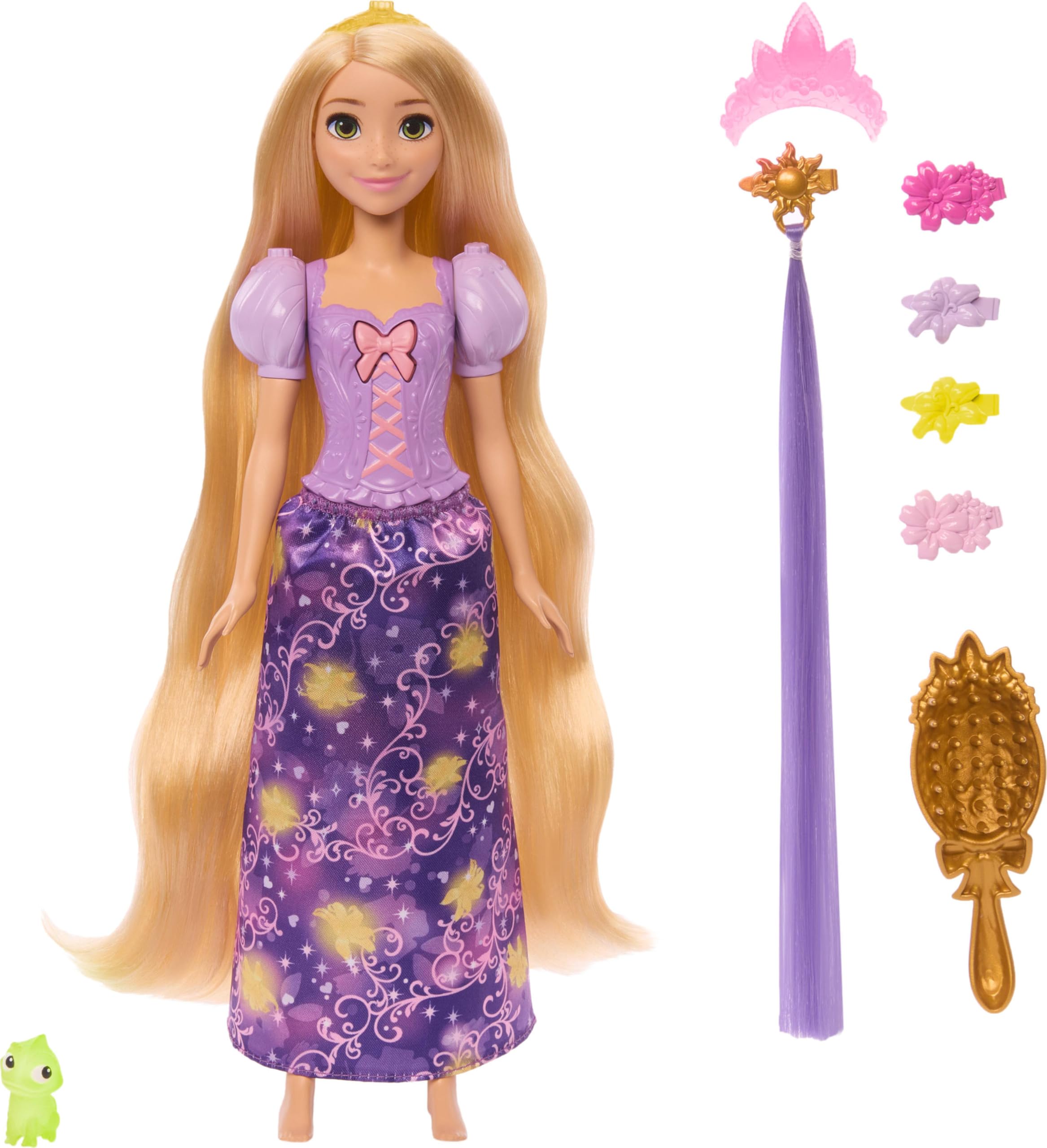 Mattel Disney Princess Roszpunka Magiczne włosy Lalka JHL46, podświetlane włosy, figurka, akcesoria do stylizacji, interaktywna zabawka dla dzieci 3+