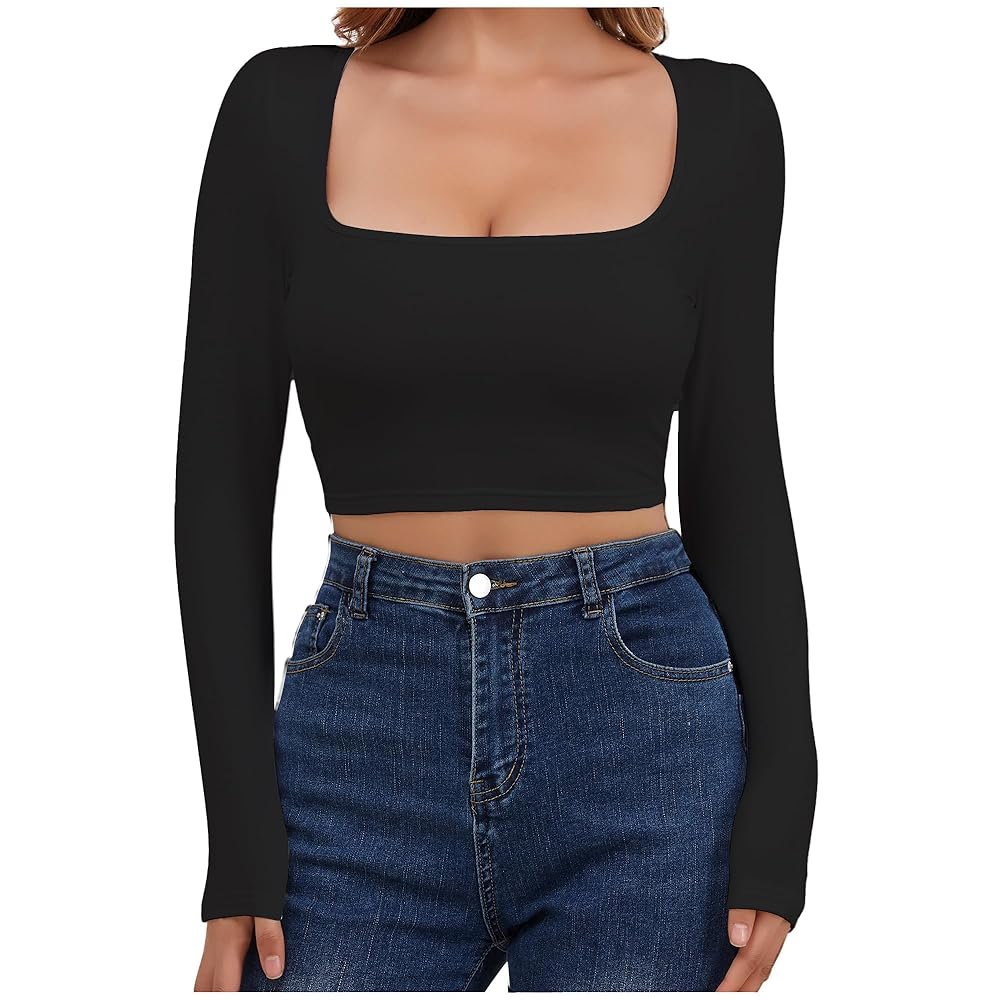 LAIBUYI Women's Fashion Square Neck Long Sleeve Slim Fit