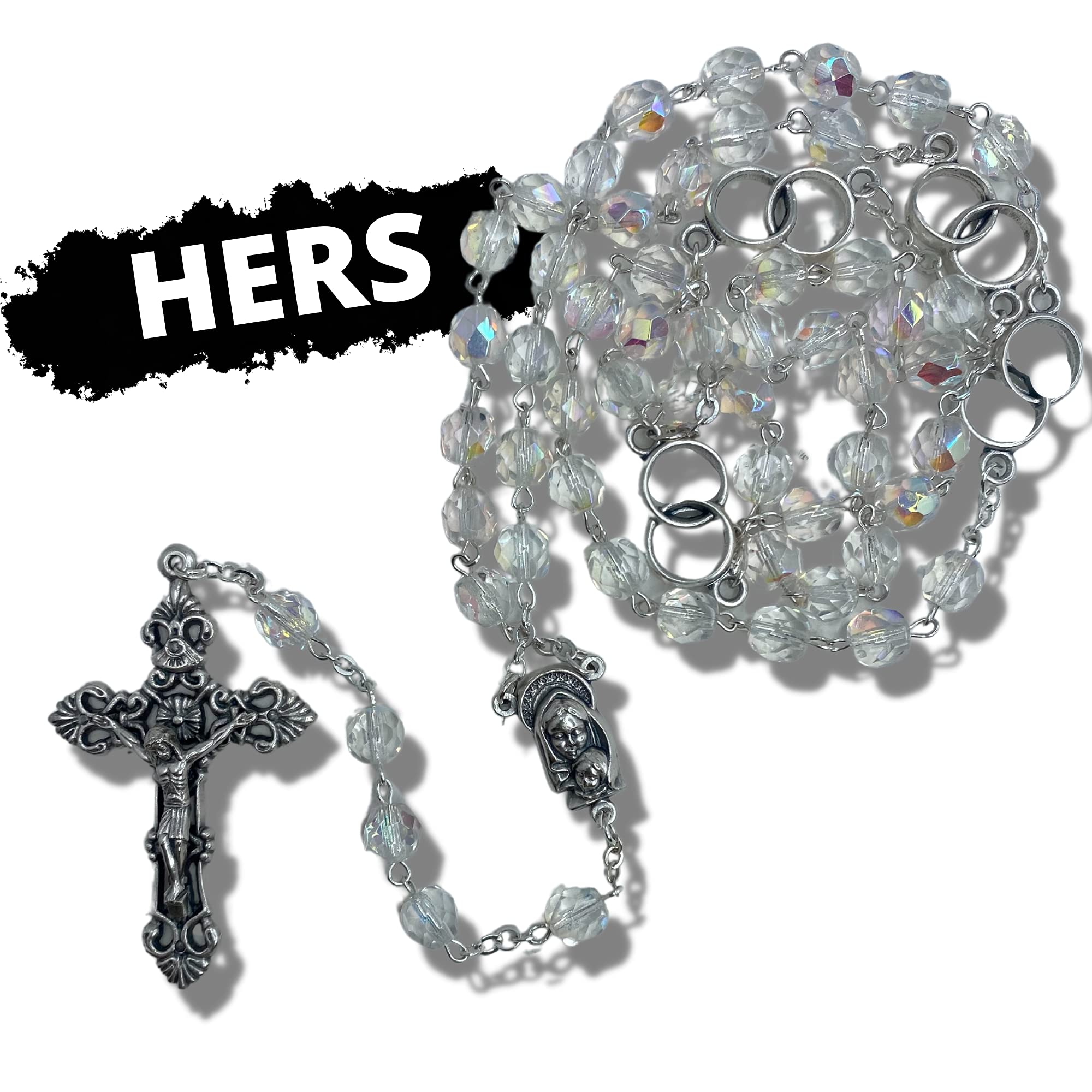 Needzo Set di rosario per matrimonio per lui e per lei, idee regalo cattoliche per coppie fidanzate e sposate, rosario per coppie di sposi, in scatola da regalo (52,1 cm, nero, bianco)
